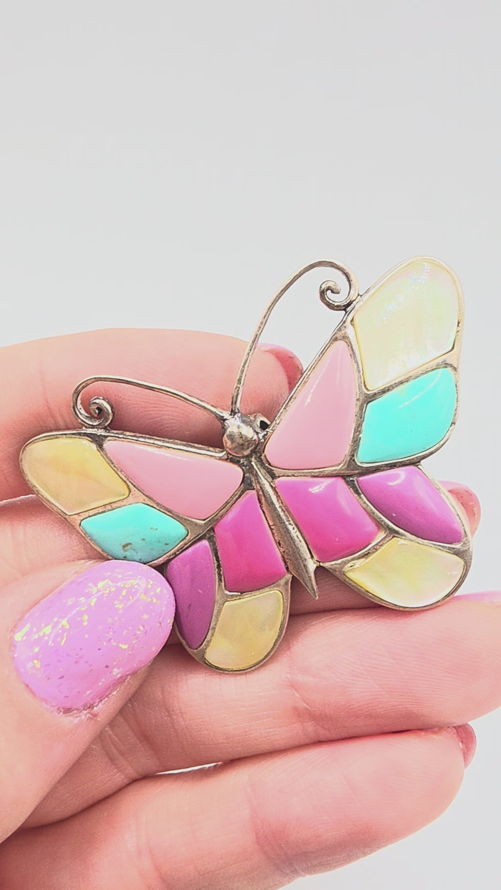 925 Sterling Silver Butterfly Pendant with Turquoise, Enamel & Mother of Pearl