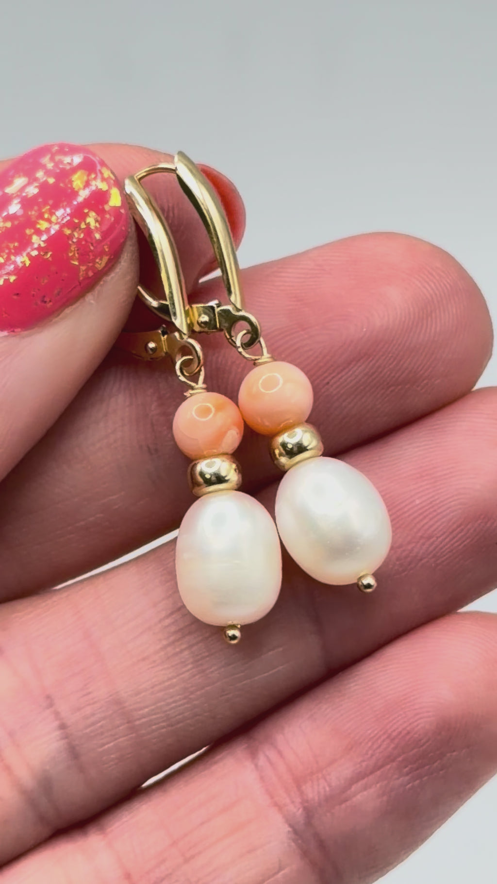 Solid 14K Yellow Gold Dangle Earrings with Coral Beads and Pearls