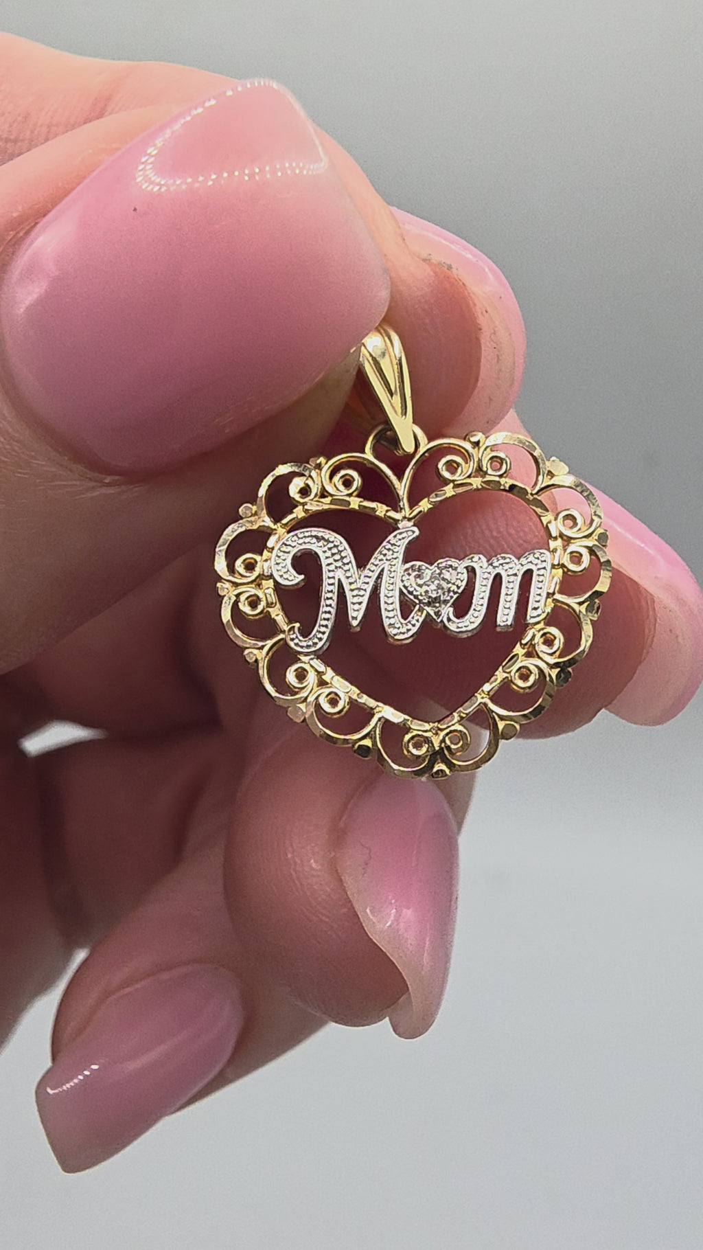 Vintage Michael Anthony Solid 14K Two Tone Mom Heart Pendant Diamond Accent