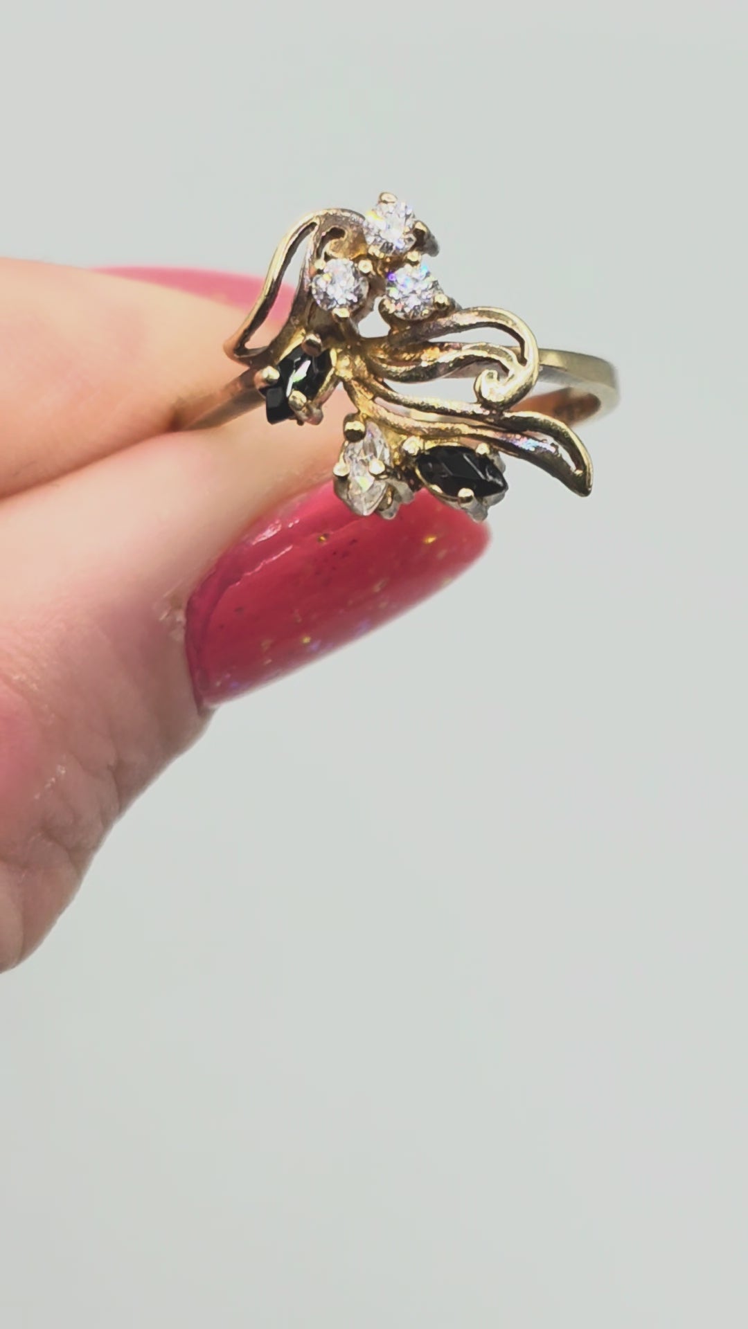 Solid 10K Yellow Gold Ring with Marquise Cut Black Onyx and Round Cut Clear Gemstones Size 7.25