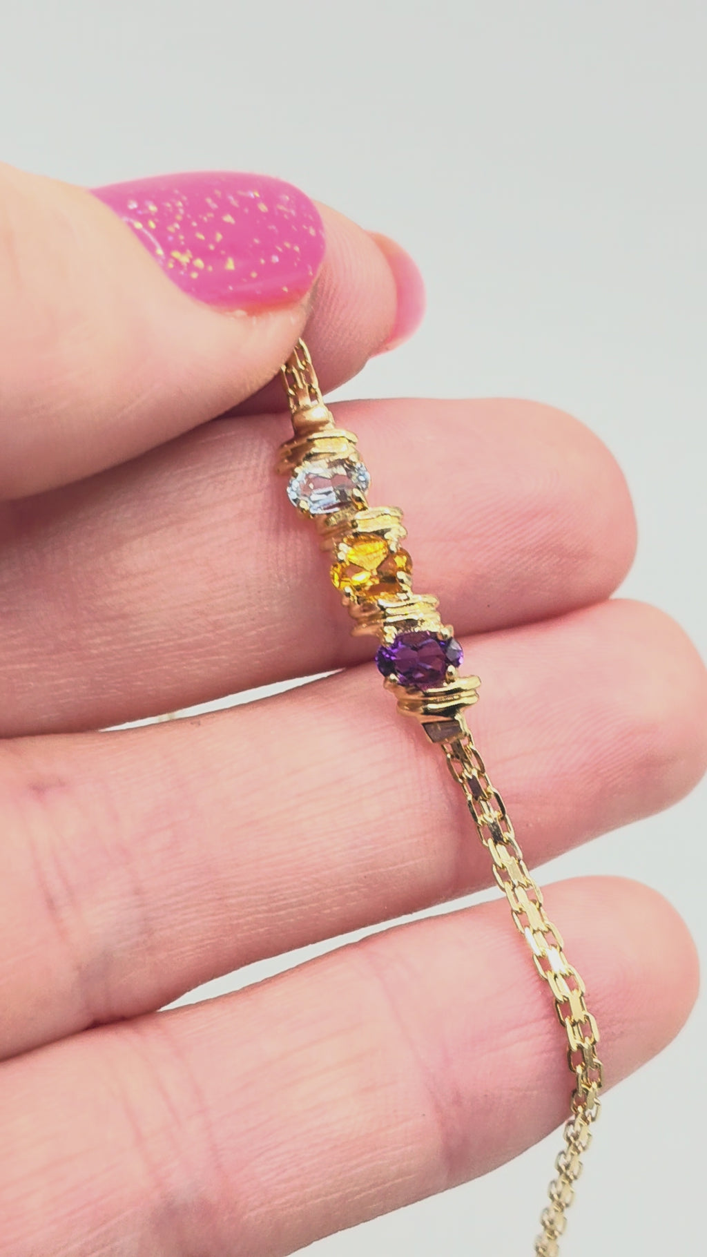 Solid 14K Gold Bracelet with Amethyst, Citrine, and Blue Topaz - 7 Inch
