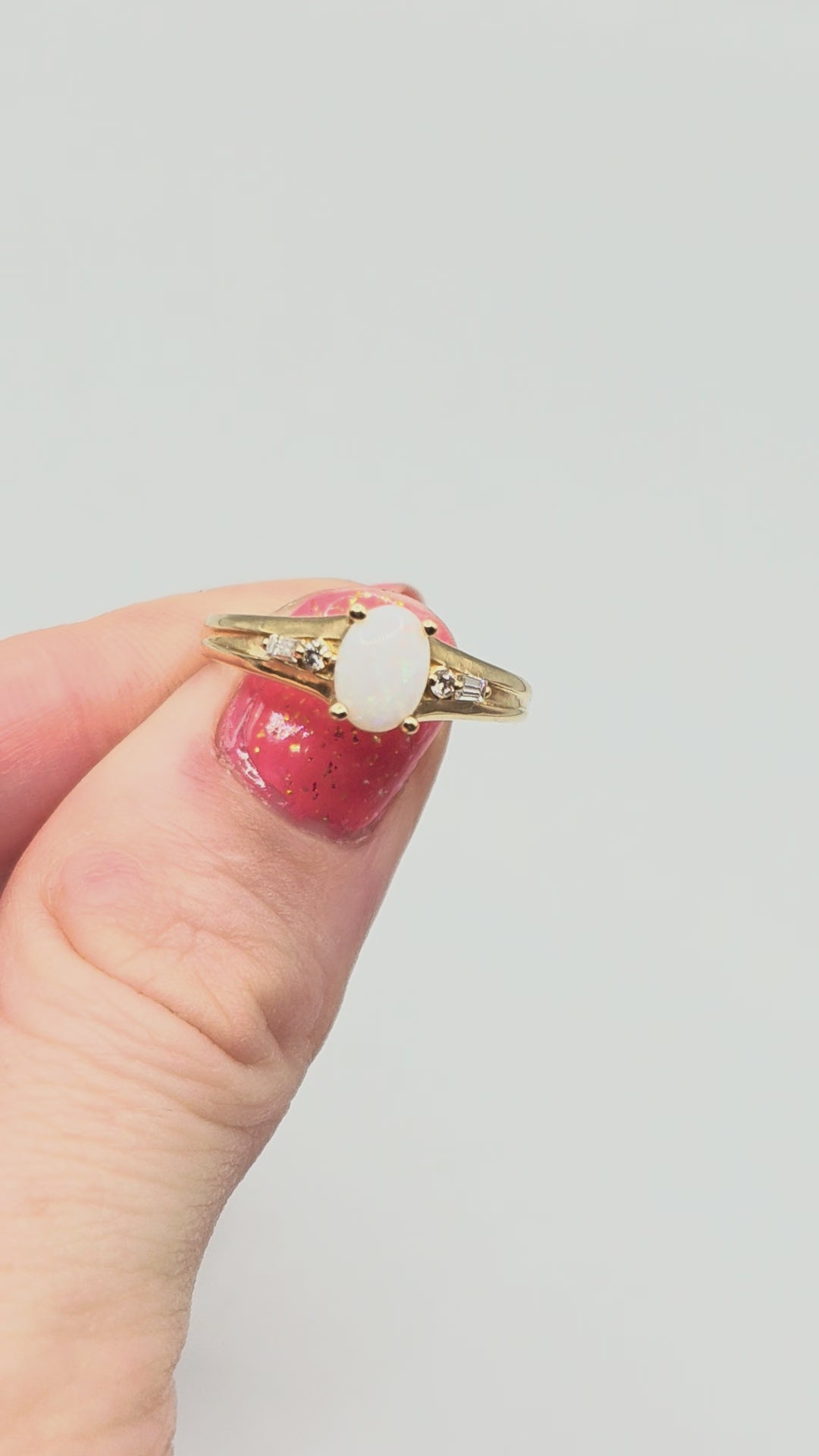 Solid 14K Yellow Gold Ring with Oval-Cut Opal and Diamond Accents - Size 7.25