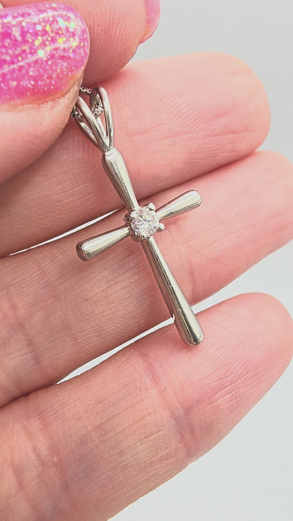 Sterling Silver Cross Pendant Boxchain Necklace with CZ Accent - 20 Inch