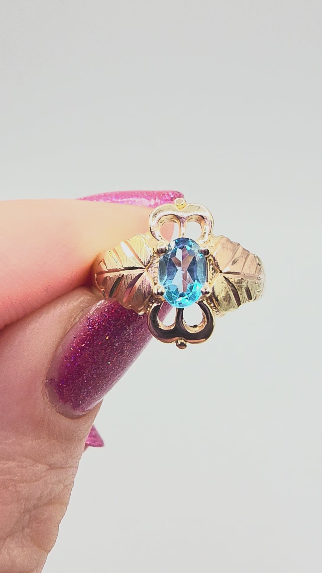 Black Hills Gold Solid 10K Ring with Oval-Cut Blue Topaz – Size 4.75