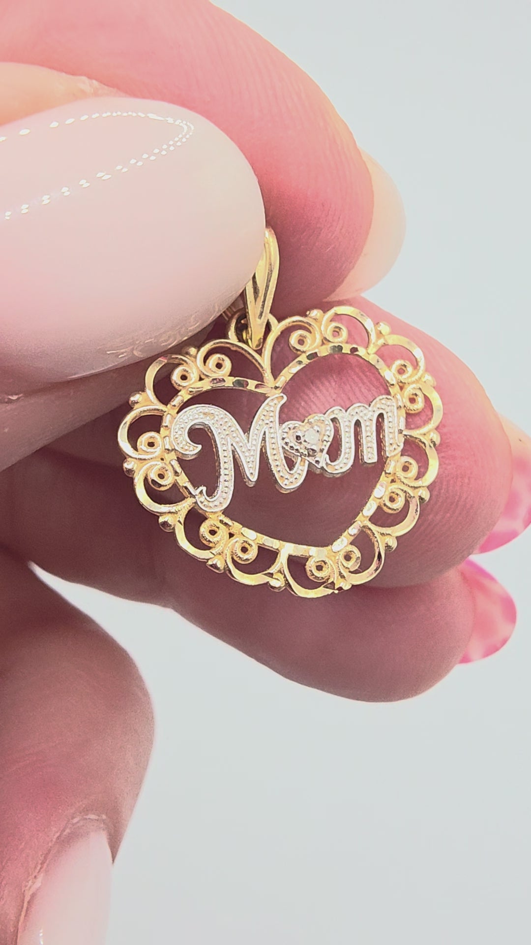 Vintage Michael Anthony Solid 14K Two Tone Gold Filigree Open Heart Pendant with Mom in Script and a Round Diamond Set in a Small Heart Video