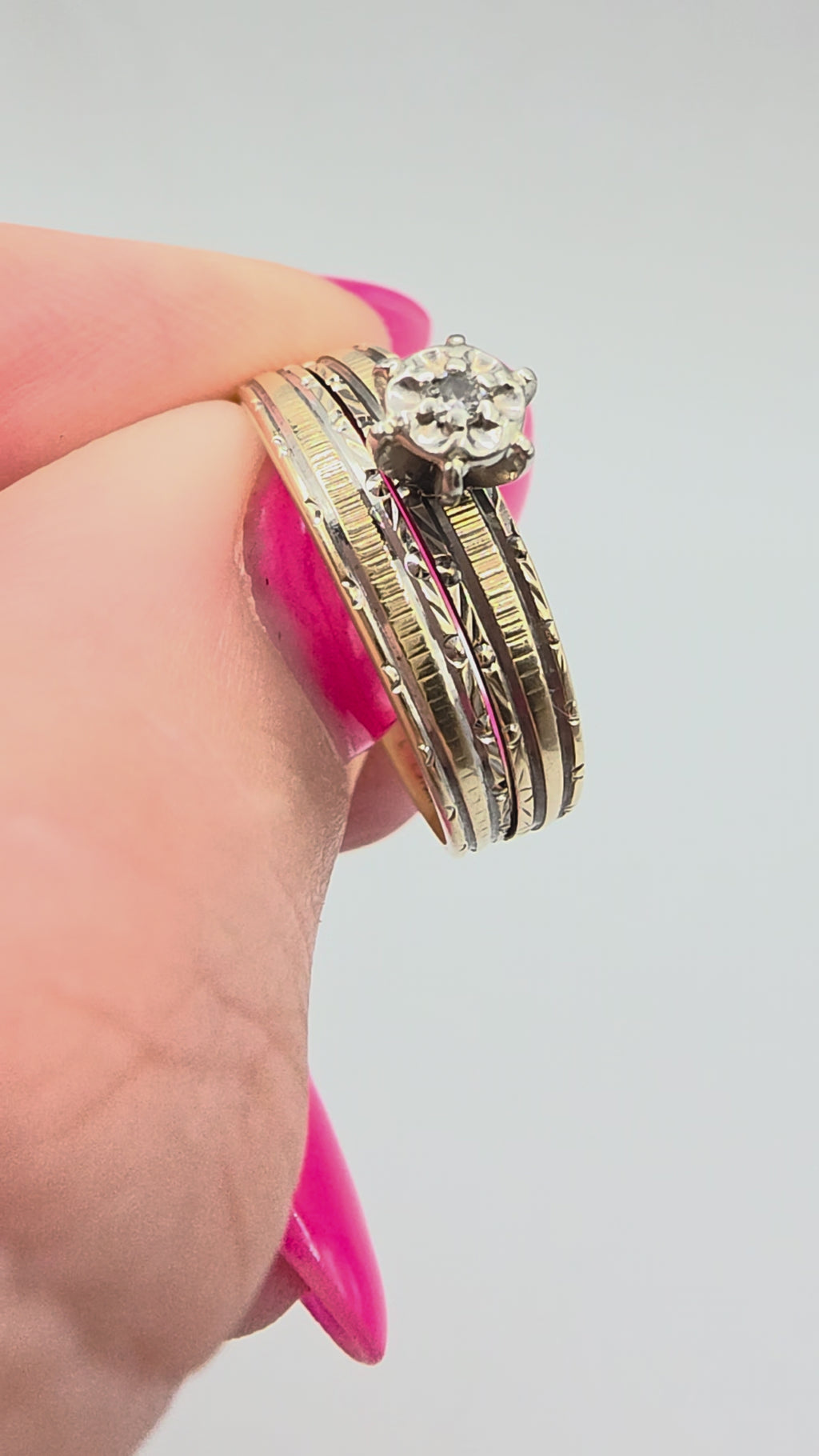 Vintage Love Story Solid 10K Two Tone Gold Diamond Bridal Wedding Ring Set Sz 7