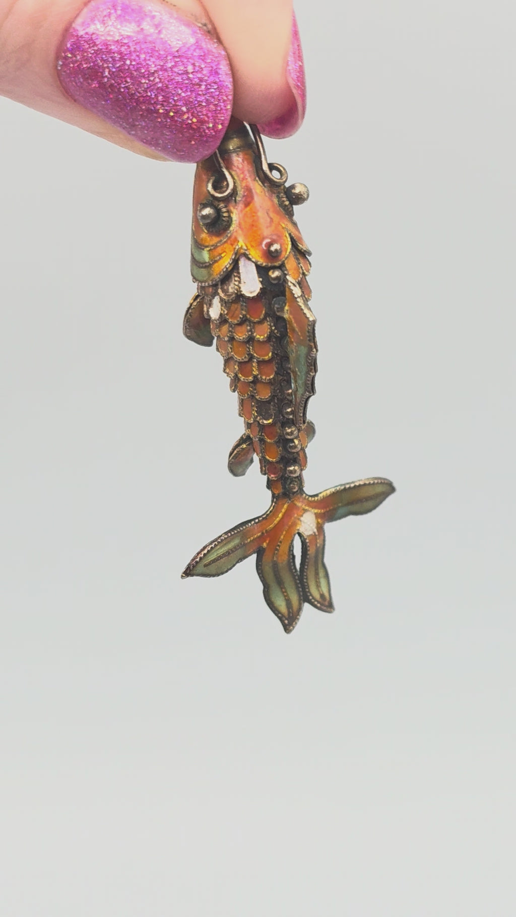 925 Sterling Silver Orange Enamel Koi Fish Articulating Necklace Pendant