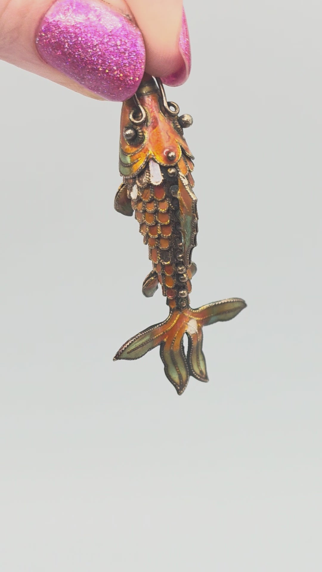 925 Sterling Silver Orange Enamel Koi Fish Articulating Necklace Pendant