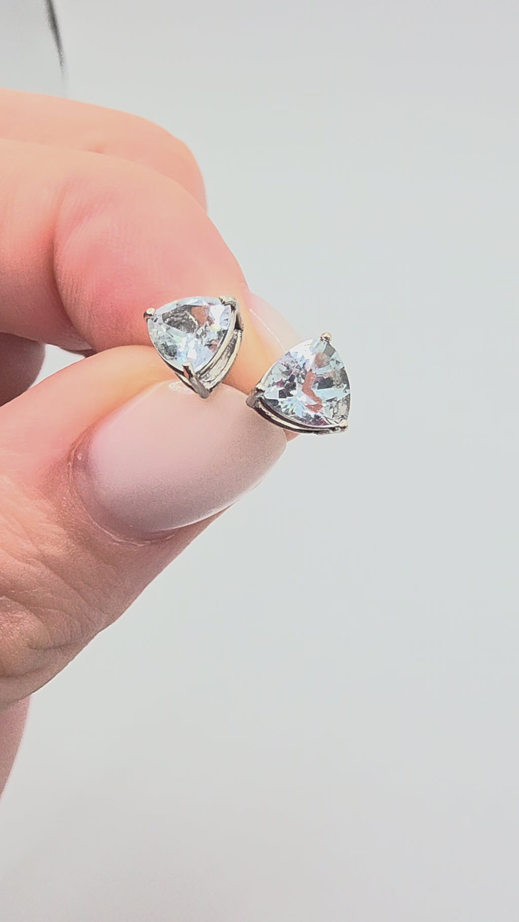 SGF Solid 10K White Gold Stud Earrings with Trillion Cut Blue Aquamarine in Open Three Prong Basket Settings Video