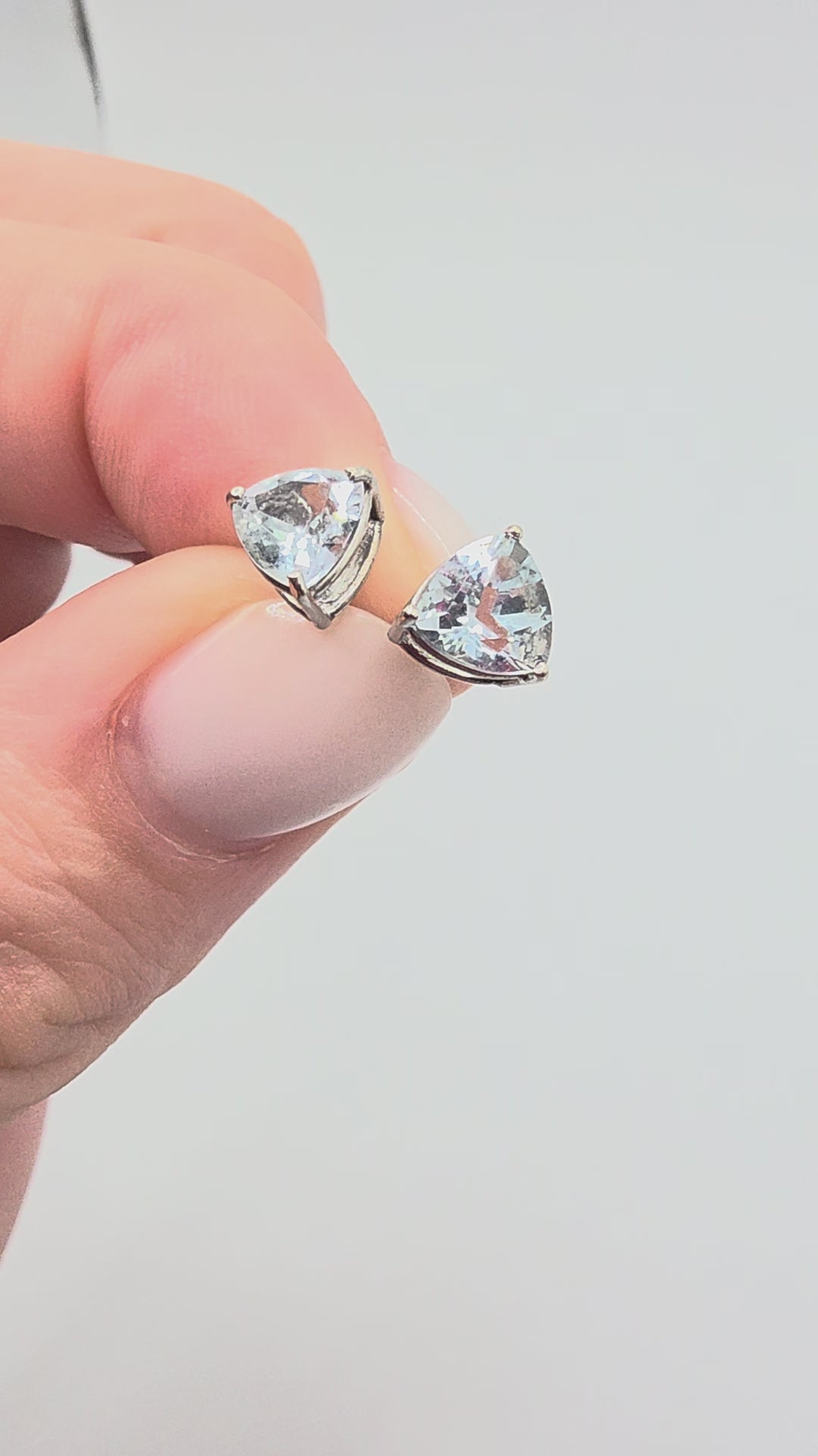 SGF Solid 10K White Gold Stud Earrings with Trillion Cut Blue Aquamarine in Open Three Prong Basket Settings Video