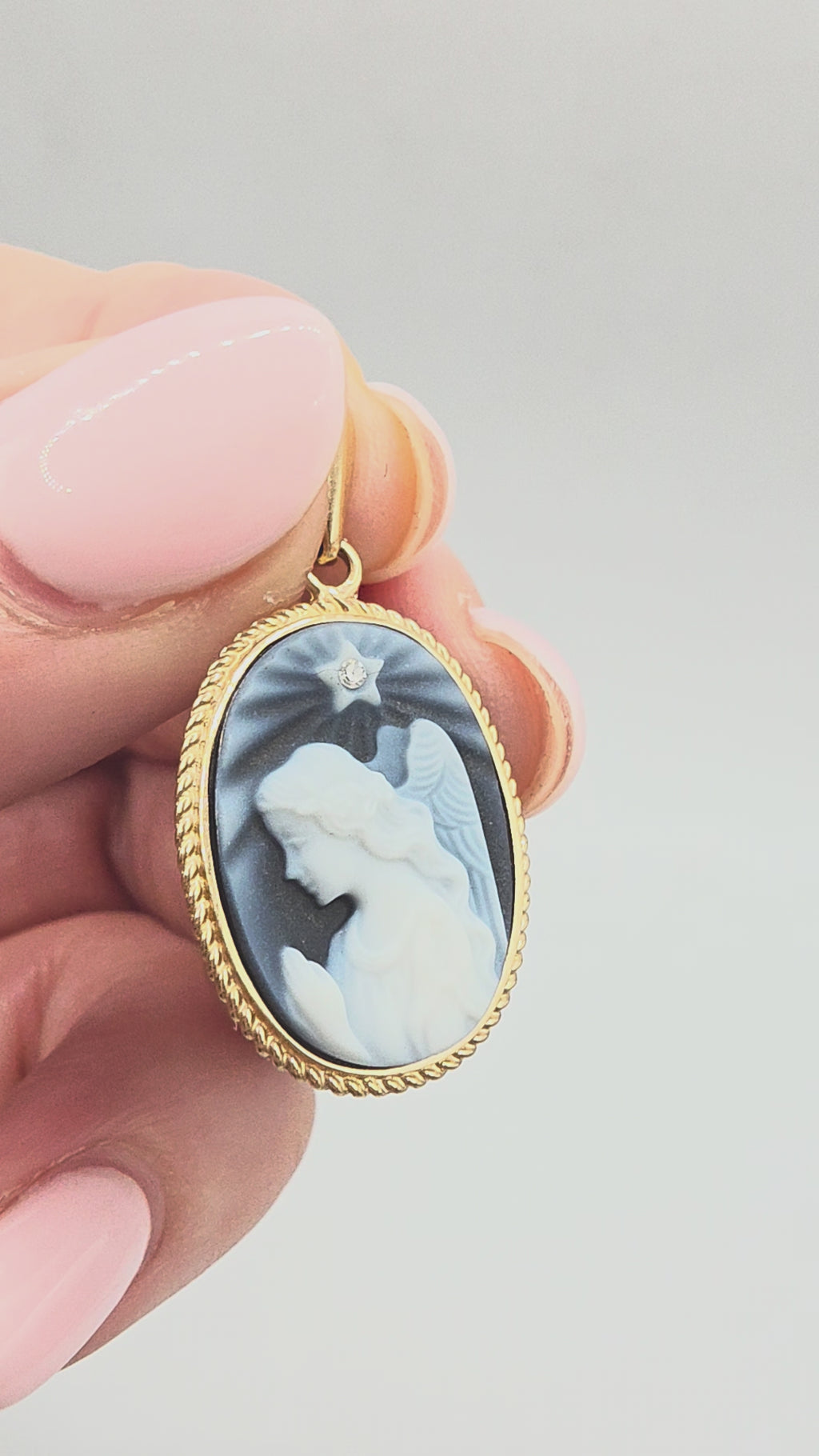 Solid 14K Yellow Gold Blue Agate Angel Cameo Necklace Pendant w Diamond Accent