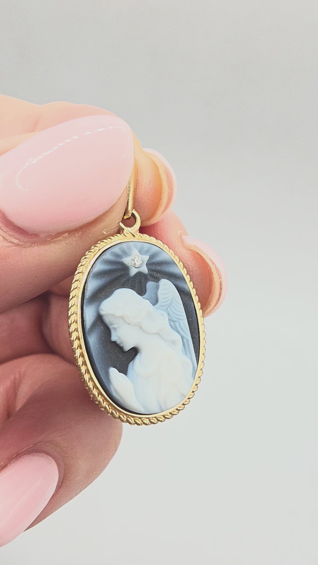 Solid 14K Yellow Gold Blue Agate Angel Cameo Necklace Pendant w Diamond Accent