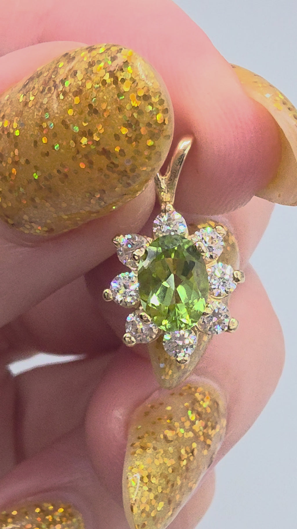 Solid 14K Yellow Gold Oval Peridot Pendant with CZ Halo