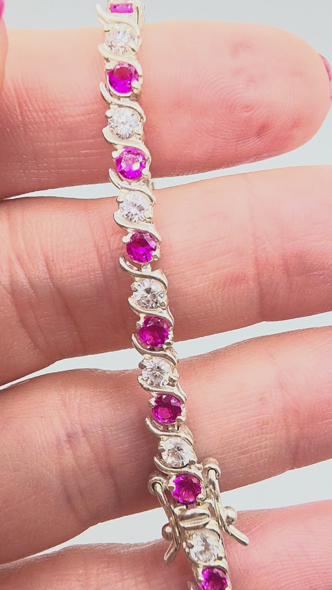 925 Sterling Silver Pink Sapphire Tennis Bracelet with CZ Accents - 7.5 Inch