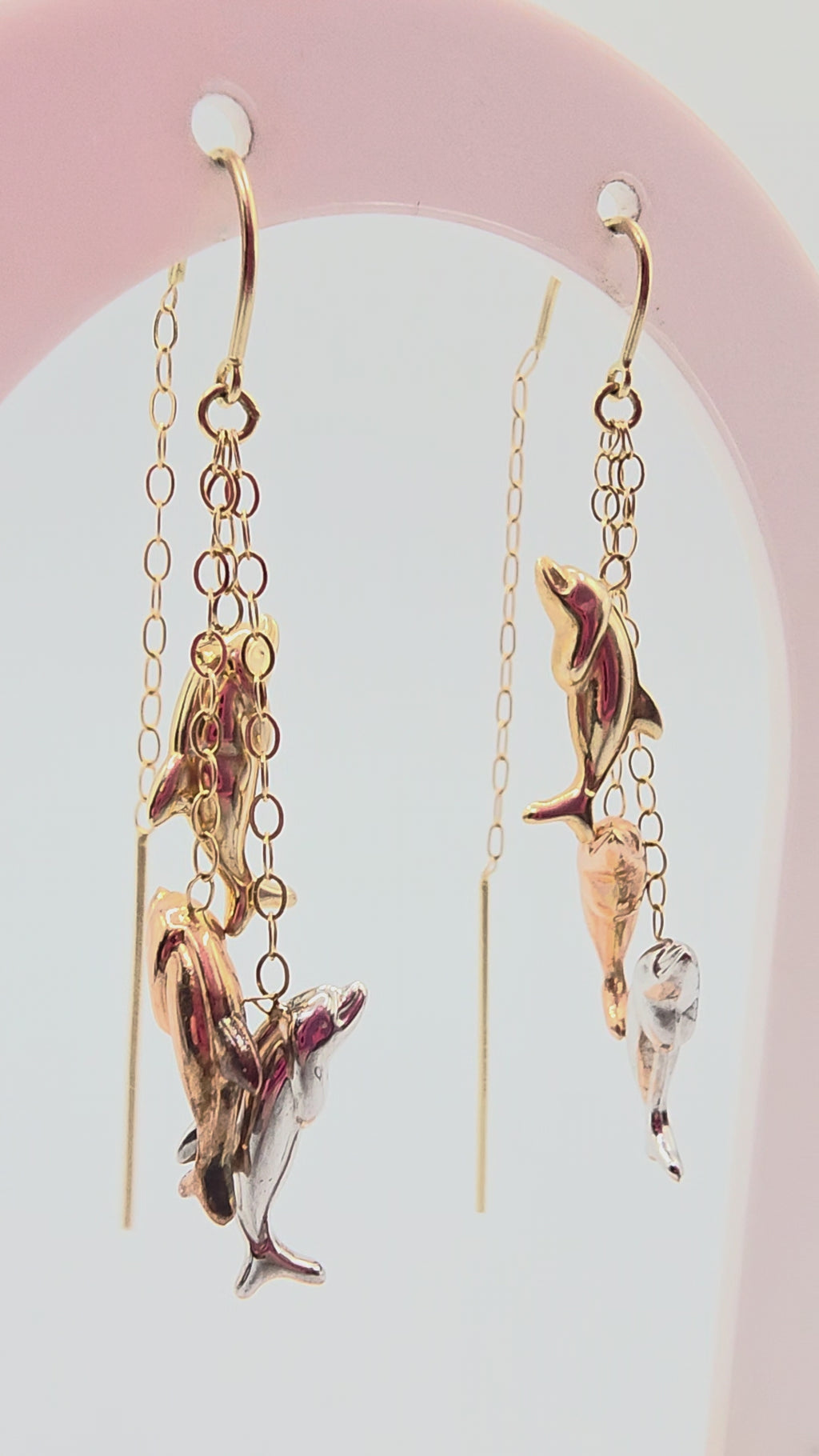 JCM Solid 14K Tri Color Gold Threader Earrings with Three Dolphins in Yellow Rose and White Gold on Fine Cable Chain Video