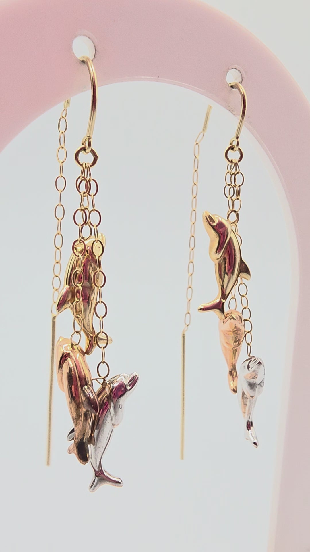 JCM Solid 14K Tri Color Gold Threader Earrings with Three Dolphins in Yellow Rose and White Gold on Fine Cable Chain Video