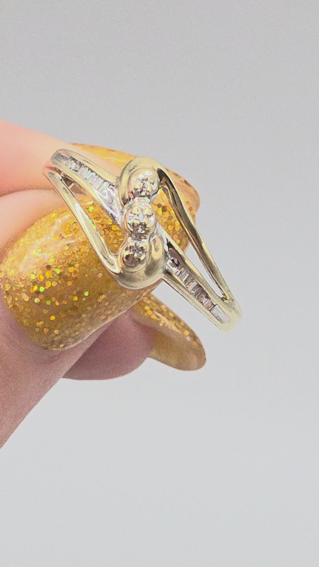 JWBR Solid 10K Yellow Gold Three Stone Baguette Diamond Bypass Ring Size 8.75