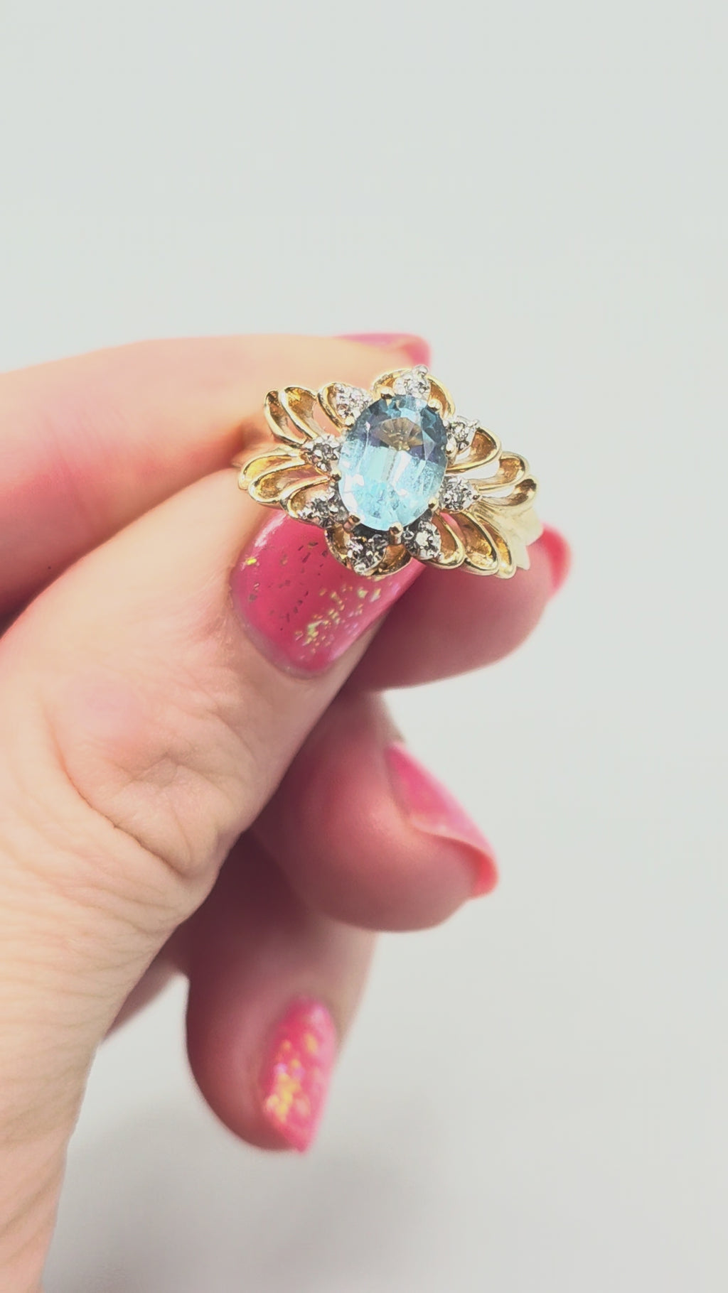 Solid 10K Yellow Gold Ring with Blue Topaz & Diamond Accents - Size 7.75