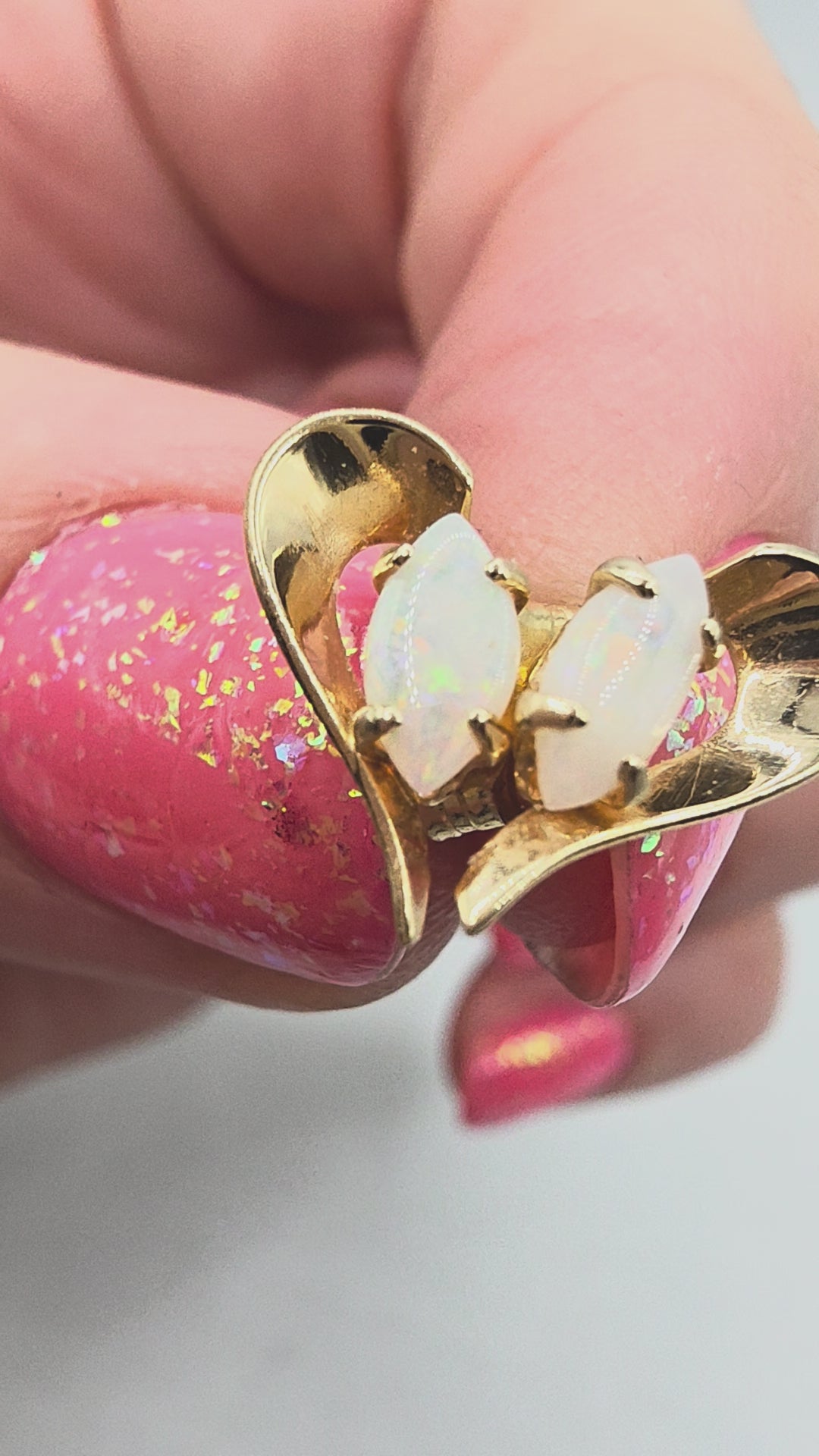 Vintage Solid 14K Yellow Gold Marquise Cut Opal Stud Earrings