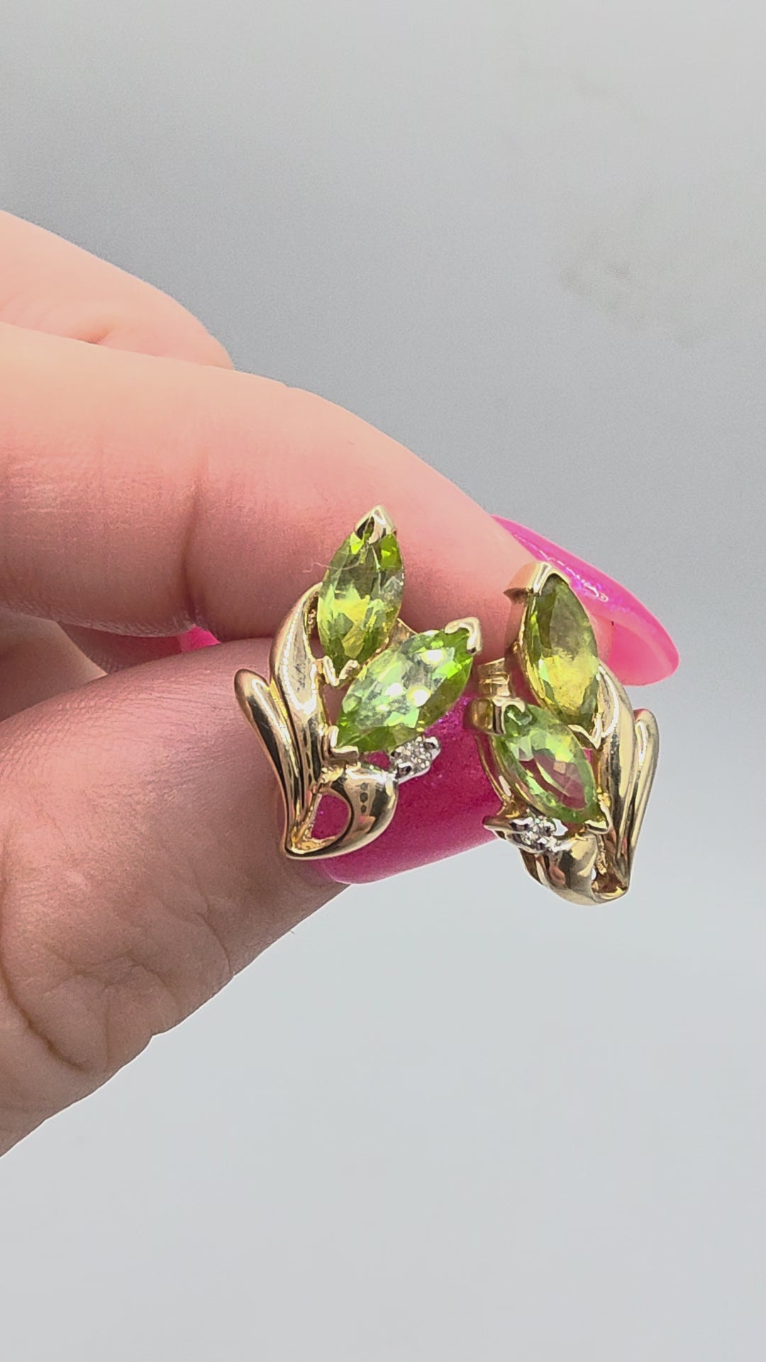 Solid 14K Yellow Gold Marquise Peridot and Diamond Floral Stud Earrings