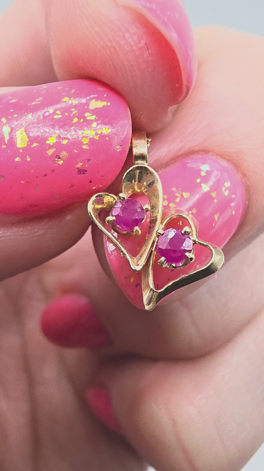 Solid 14K Yellow Gold Double Ruby Heart Pendant Necklace - 18 Inch