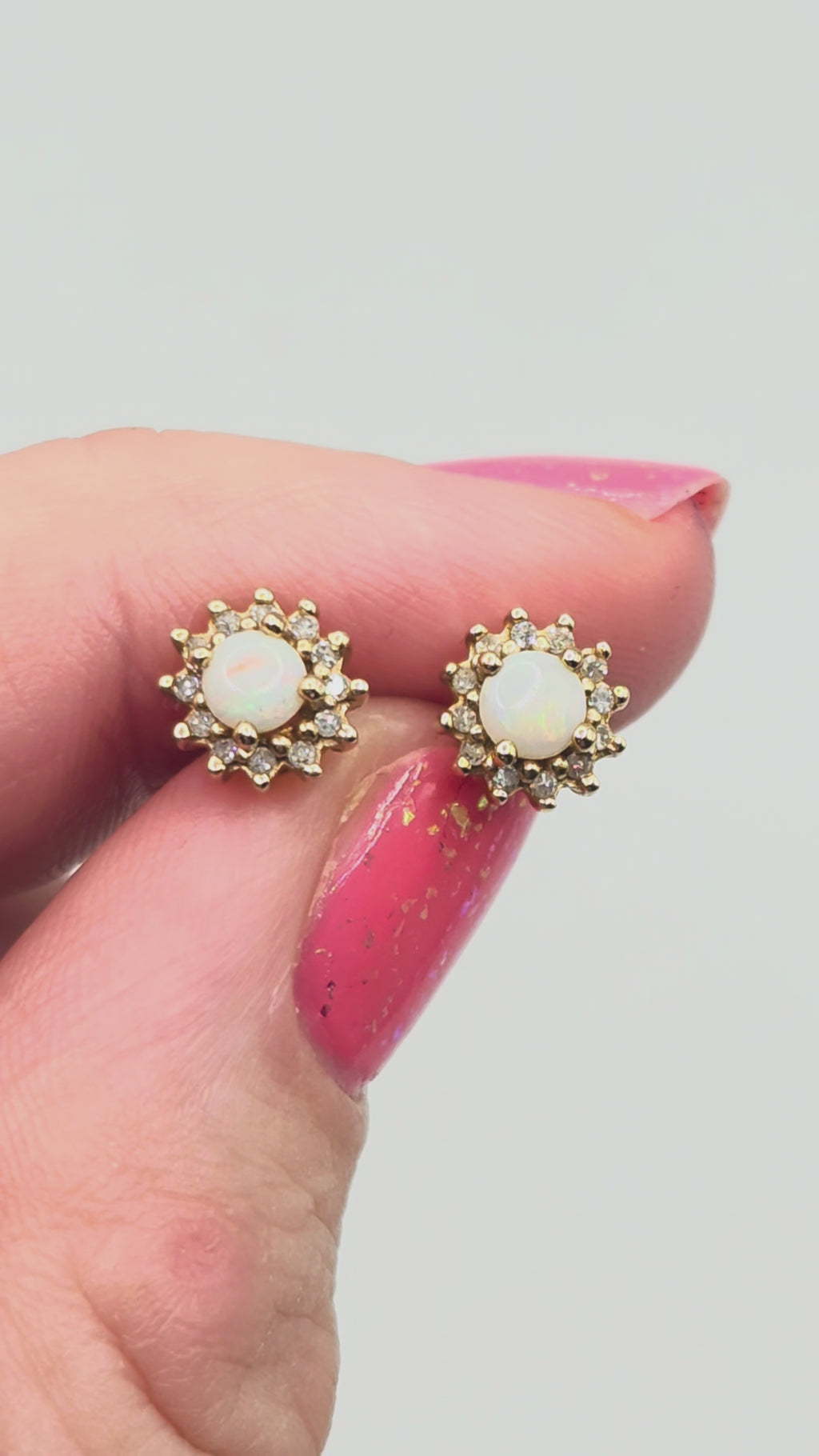 Solid 10K Yellow Gold Opal and Diamond Halo Stud Earrings