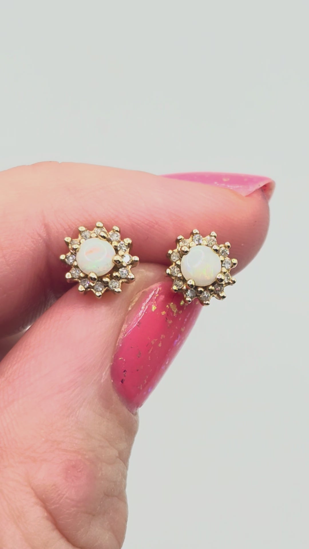 Solid 10K Yellow Gold Opal and Diamond Halo Stud Earrings