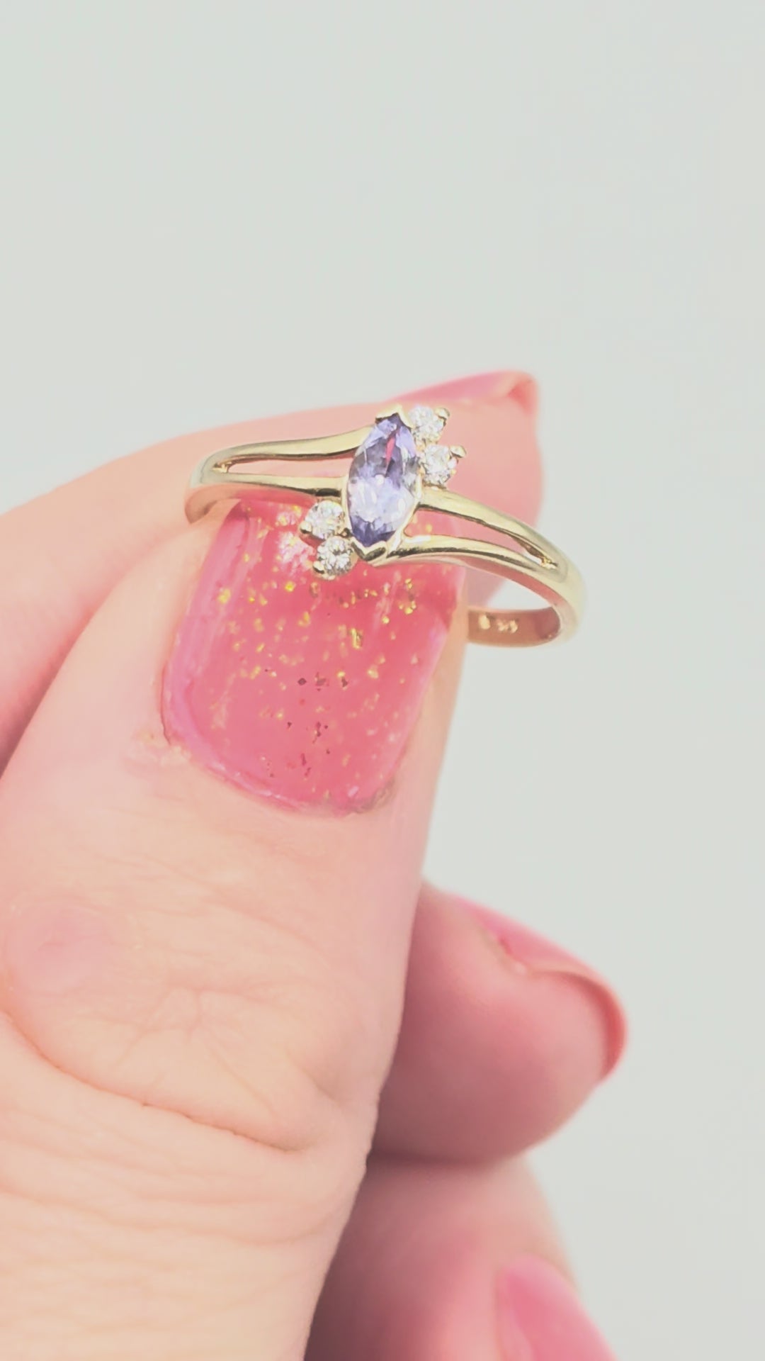 Solid 10K Yellow Gold Ring with Marquise Cut Tanzanite and CZ Accents Size 5.75