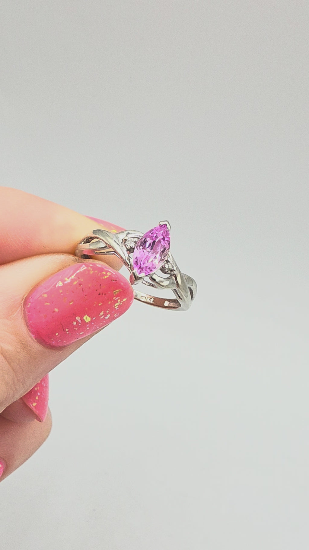 Solid 10K White Gold Ring with Marquise Cut Pink Sapphire - Size 5.75