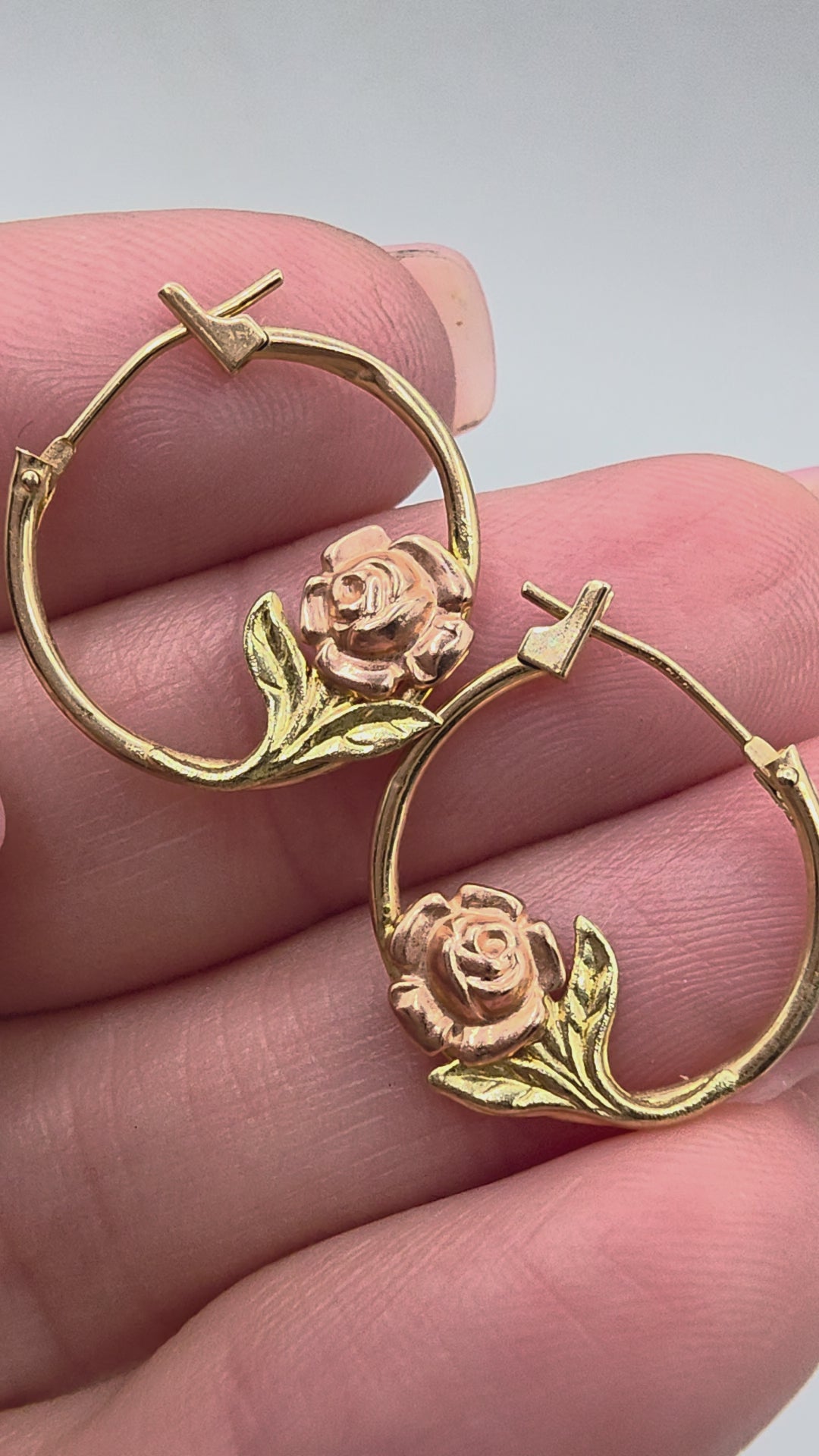 JTS Solid 10K Tri Color Gold Rose Flower Hoop Earrings Yellow Rose Green