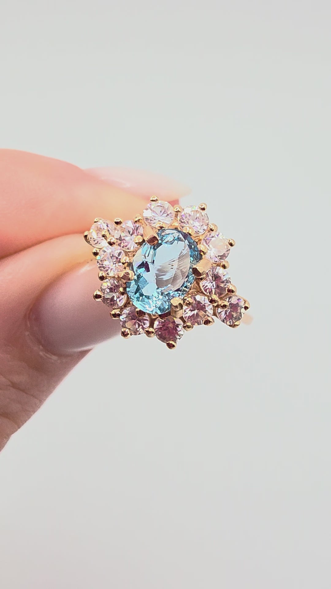 SGF Solid 10K Yellow Gold Ring with Oval Blue Topaz Center Stone Framed by a Halo of Round White Sapphires Video
