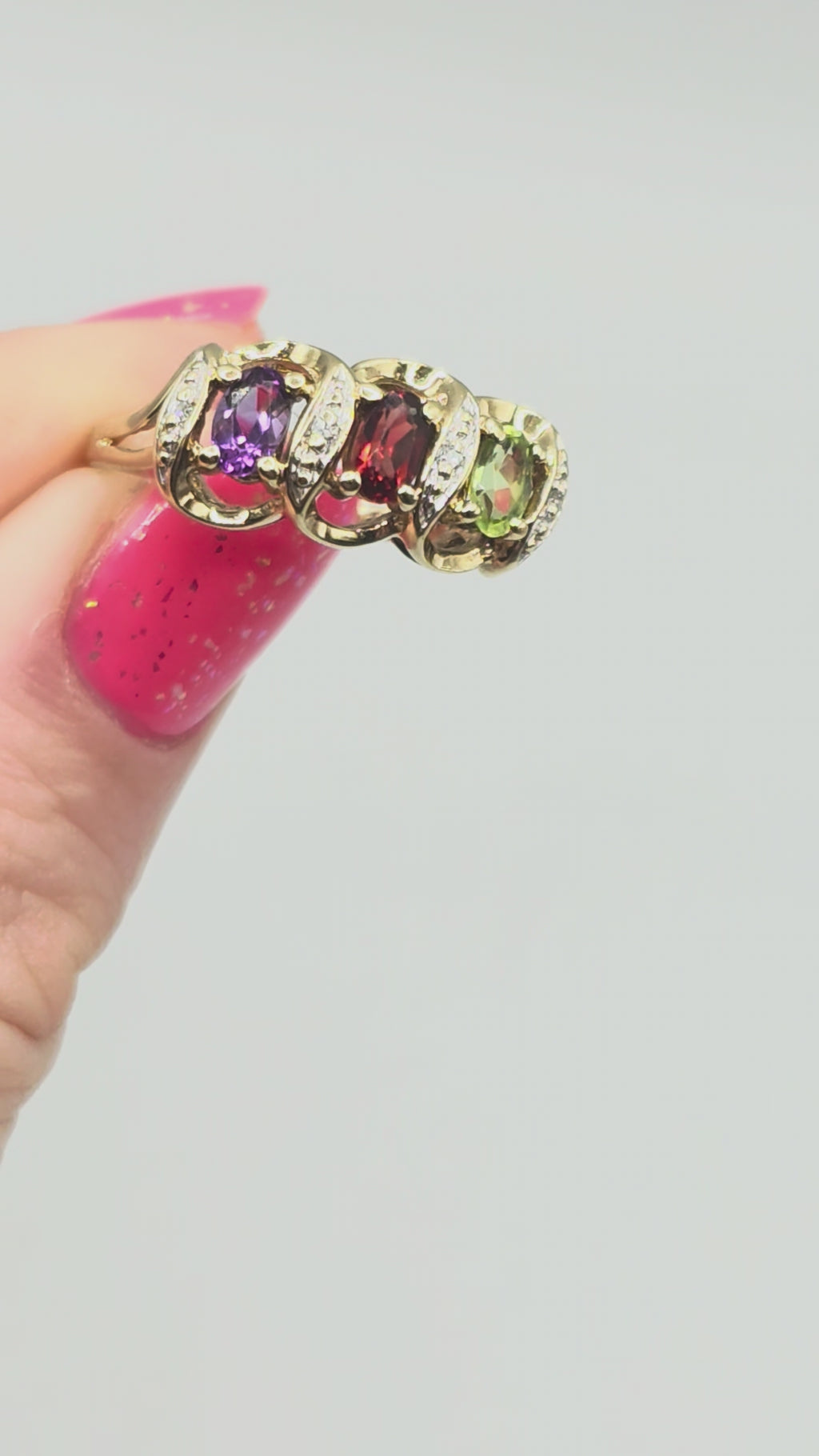 Solid 9K Gold Ring with Peridot, Garnet, Amethyst and Diamonds - Size 7.5