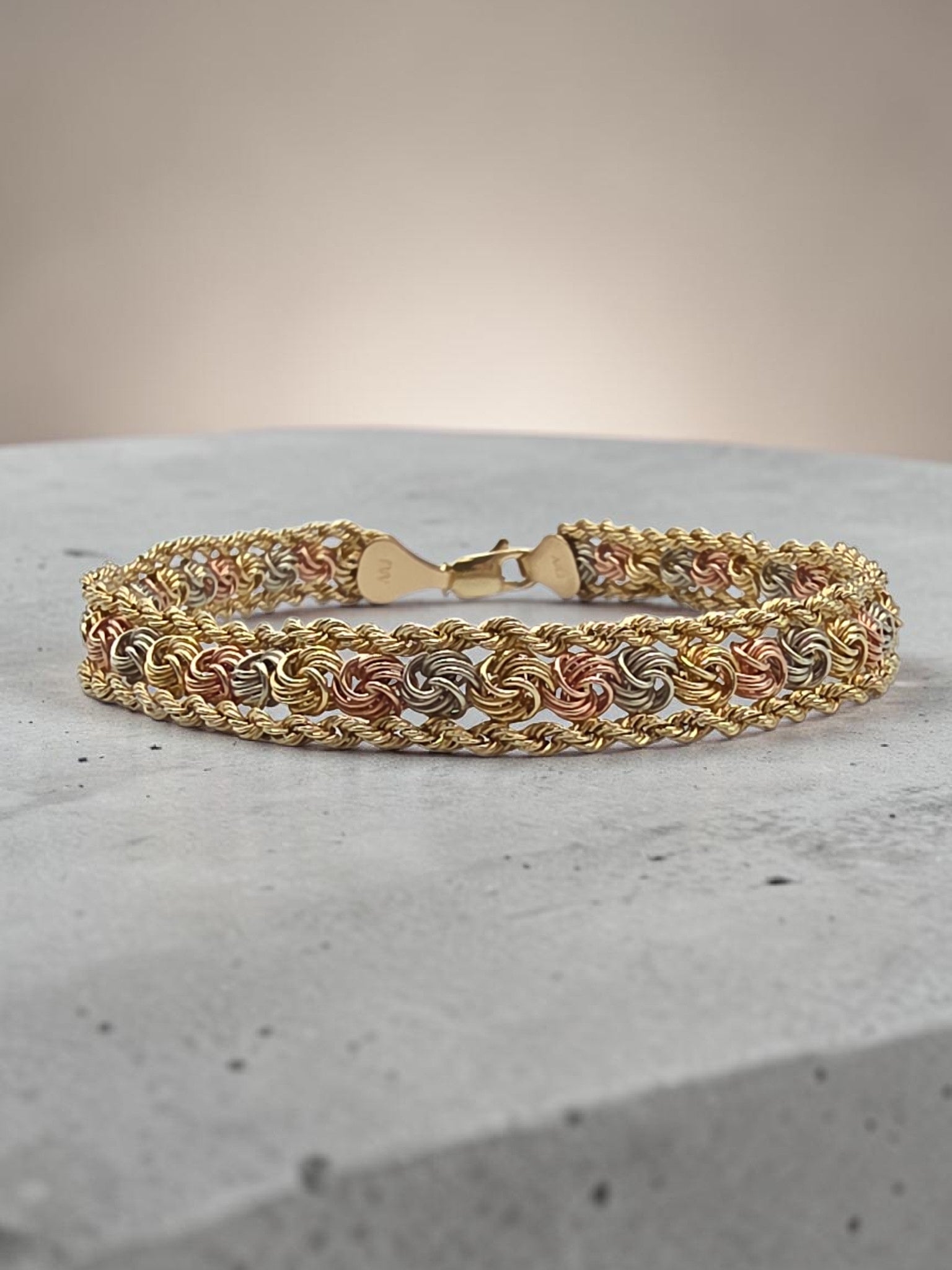 Fancy Vintage AAJ Solid 14K Tri Color Gold  Rosetta Knot Link Chain Bracelet - 7.5 Inch