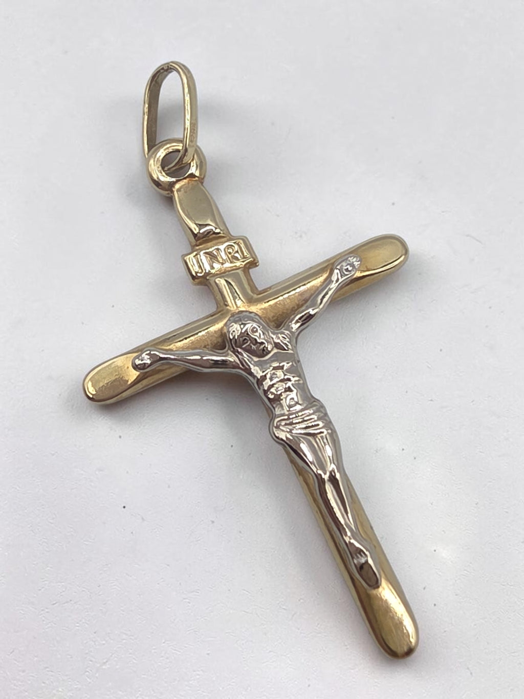 Vintage OroAmerica Solid 14K Two Tone Gold Crucifix Cross Jesus INRI Pendant