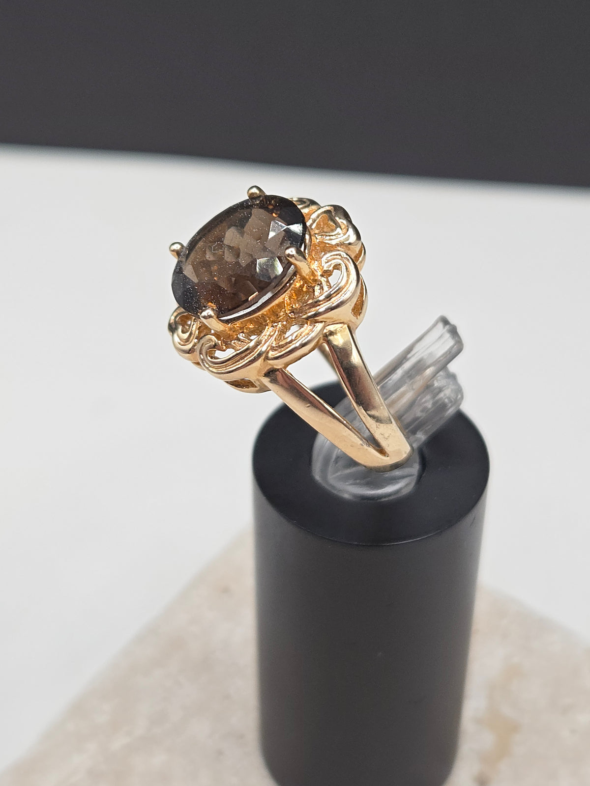 925 Sterling Silver 10K Gold Vermeil Smoky Quartz Scroll Cocktail Ring - Size 7