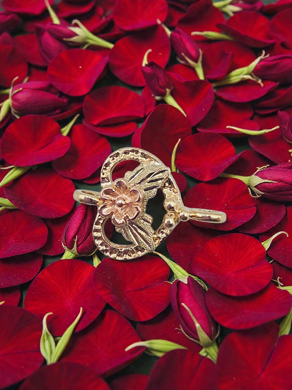 Black Hills Solid 10K Tri-Color Gold Rose Flower Heart Necklace Pendant