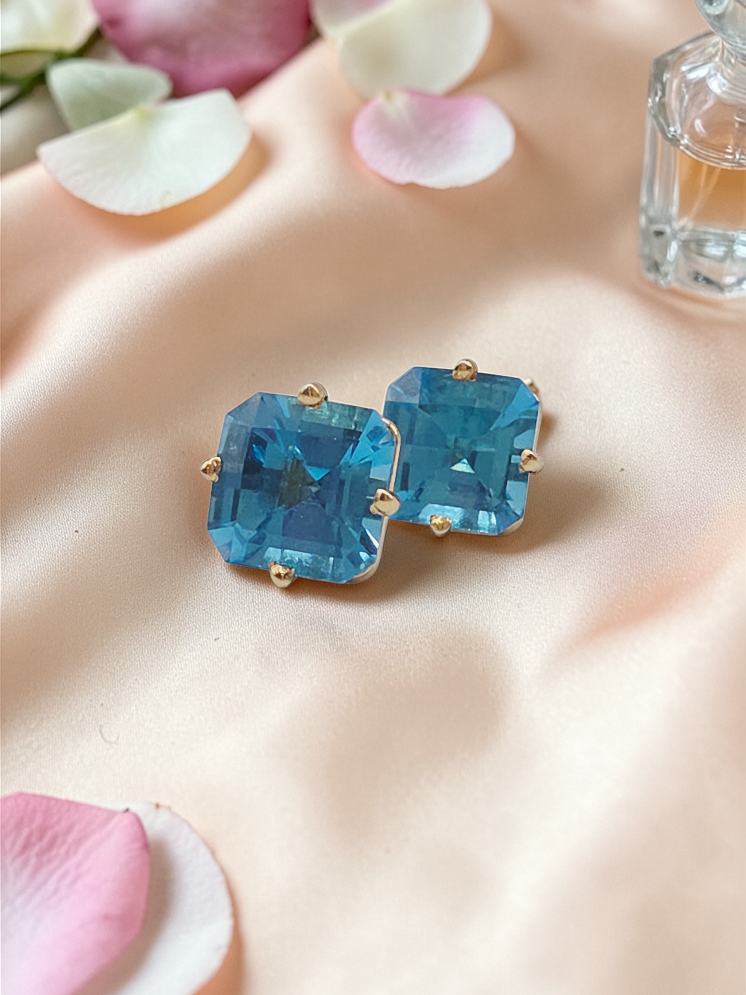 Solid 14K Yellow Gold Cushion Cut Blue Topaz Stud Earrings
