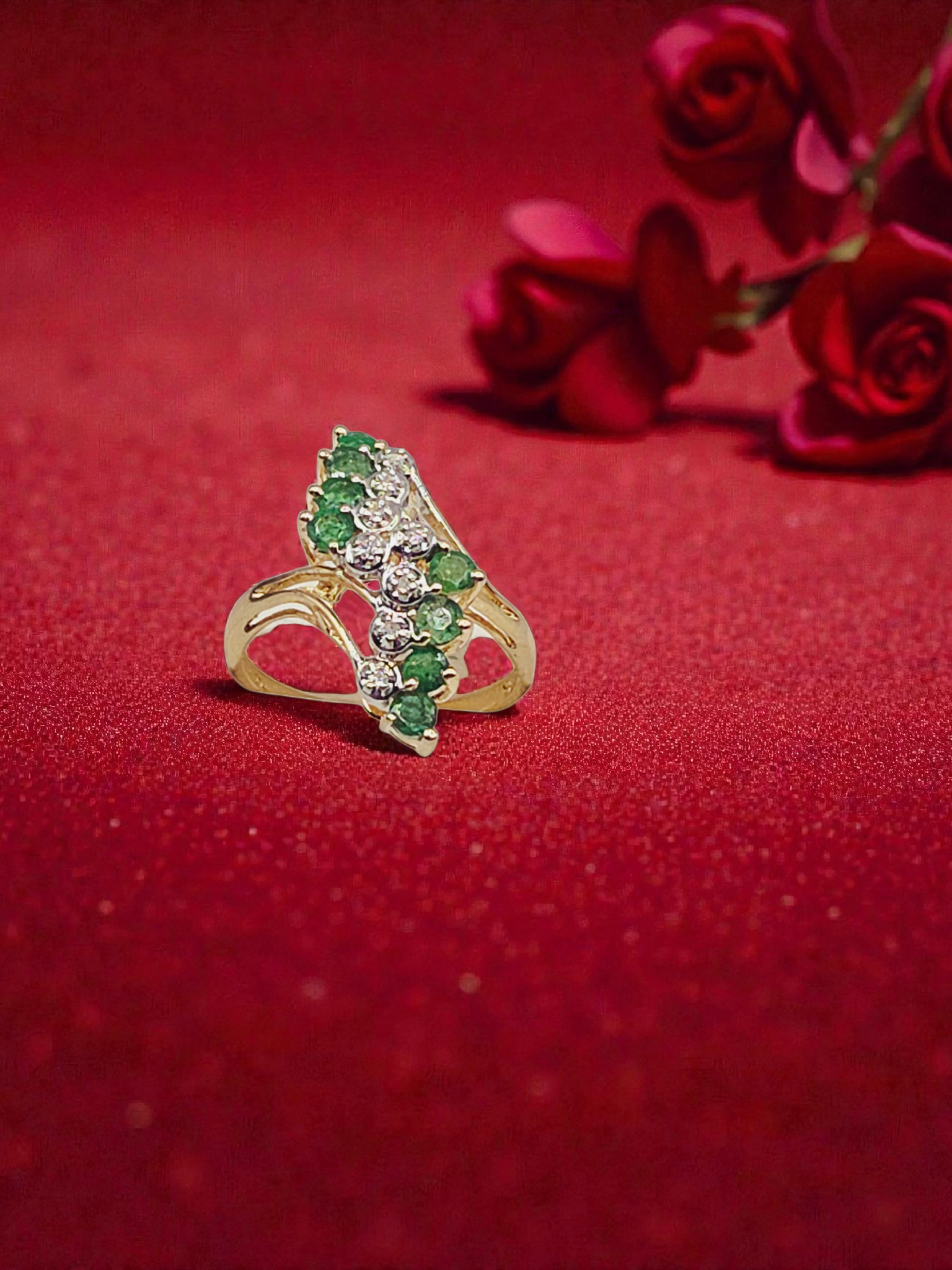 Solid 14K Yellow Gold Ring with Round Cut Emeralds & Diamonds - Size 8