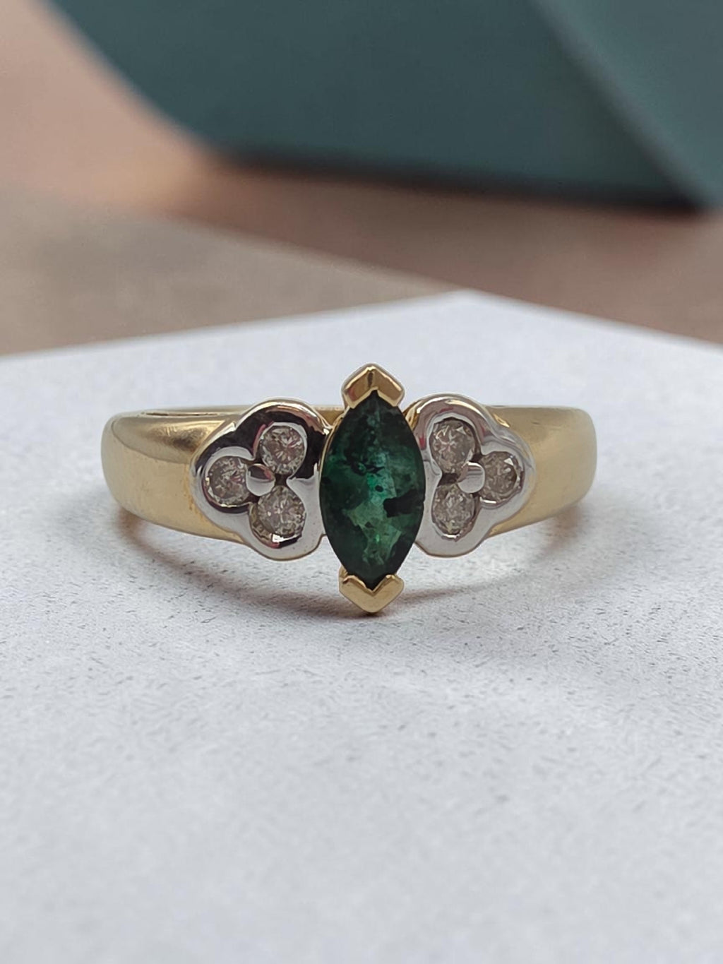 Vintage Black Hills Gold CCO Solid 14K Marquise Emerald Diamond Ring Size 6.75