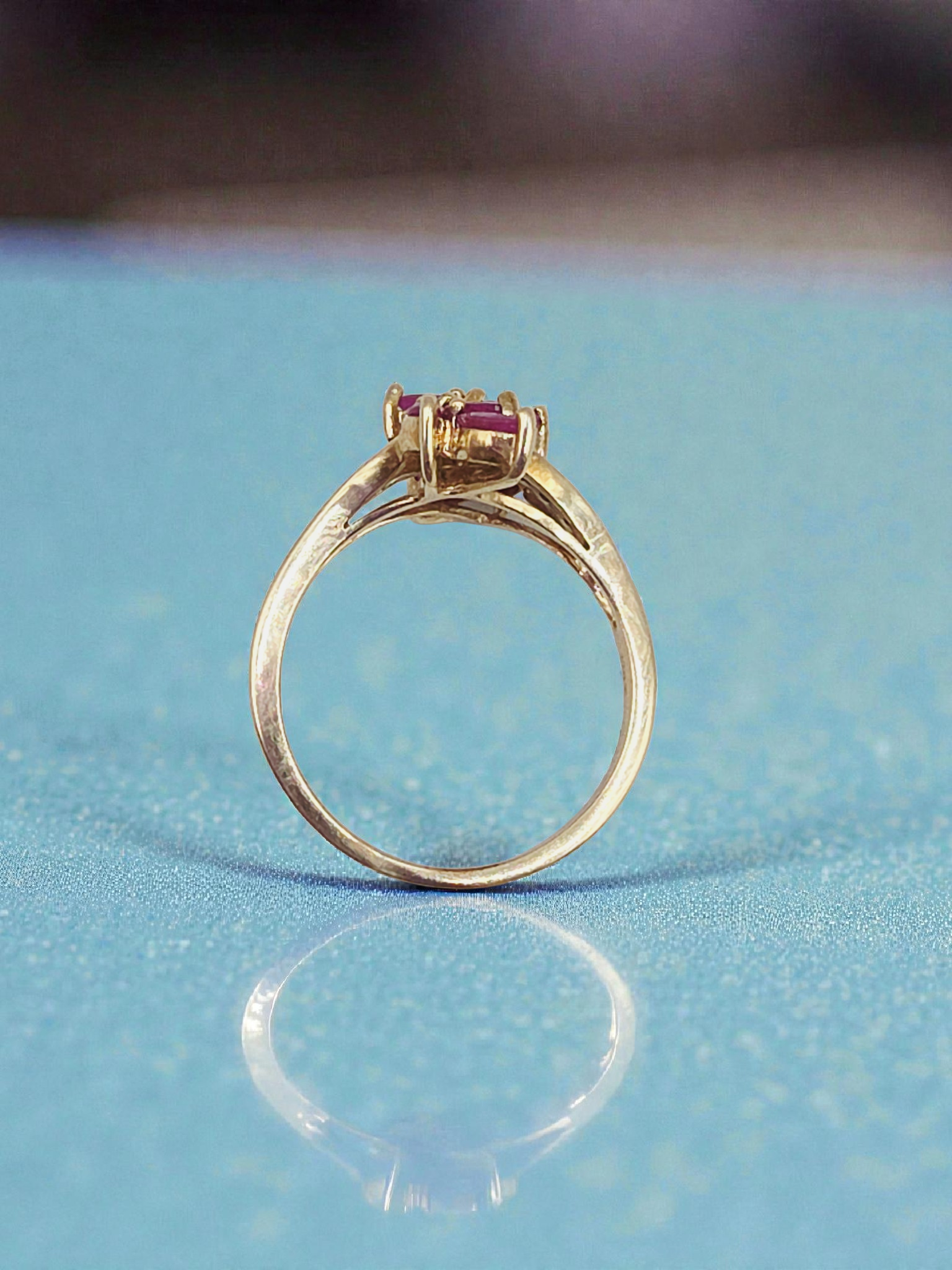 Solid 10K Gold Ring with Marquise-Cut Ruby Cluster & Diamond Accents - Size 6.75
