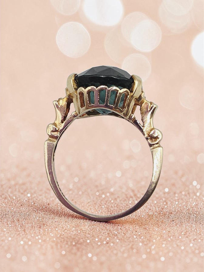 Solid 10K Yellow Gold Ring with Large Round-Cut Teal CZ– Size 5