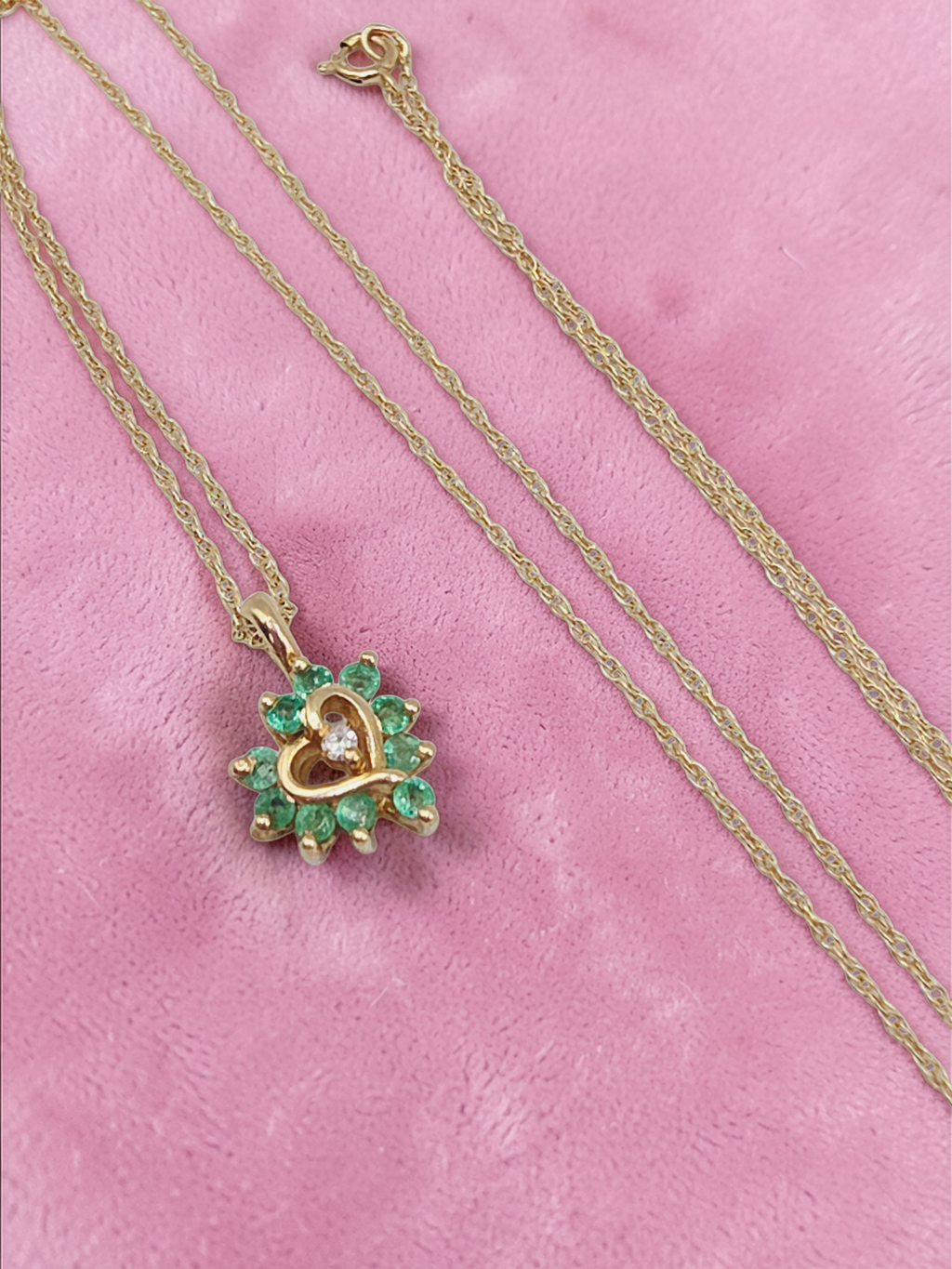 Solid 14K Yellow Gold Emerald & Diamond Heart Pendant Necklace 17.5"