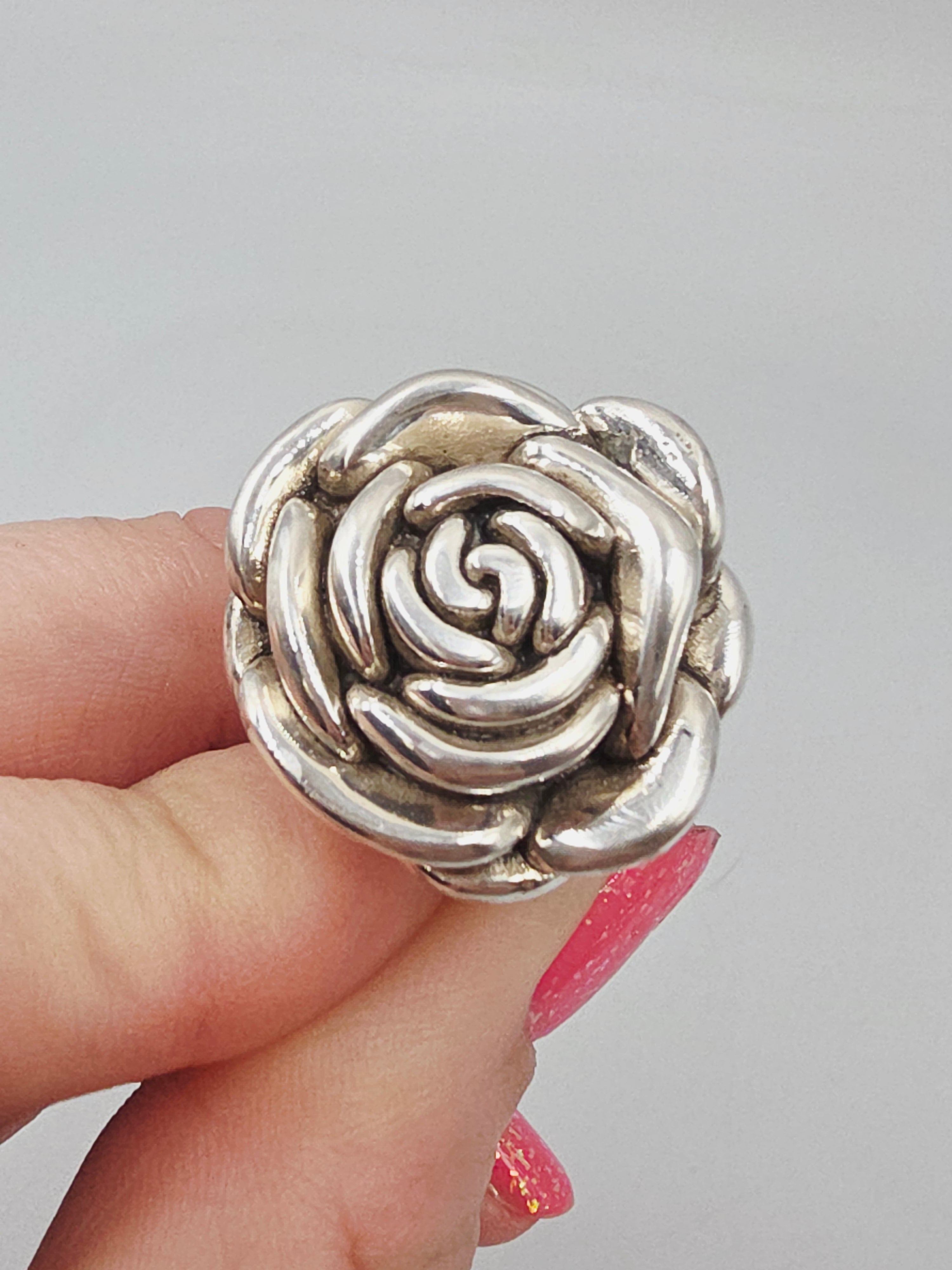 Sterling Silver Rose Flower Statement Ring Botanical Floral – Size 6