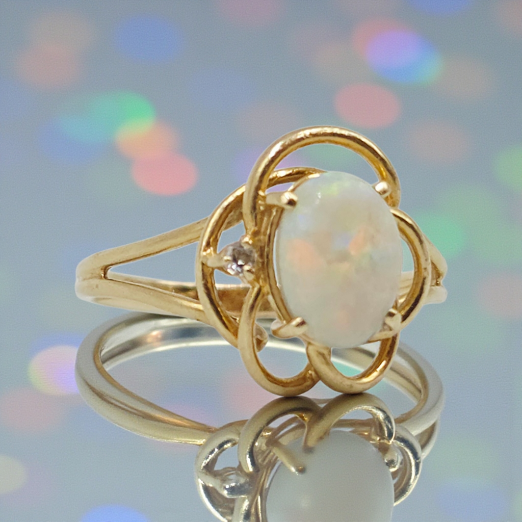 Solid 14KP Yellow Gold Ring with Opal and Diamond Accent – Size 8.25