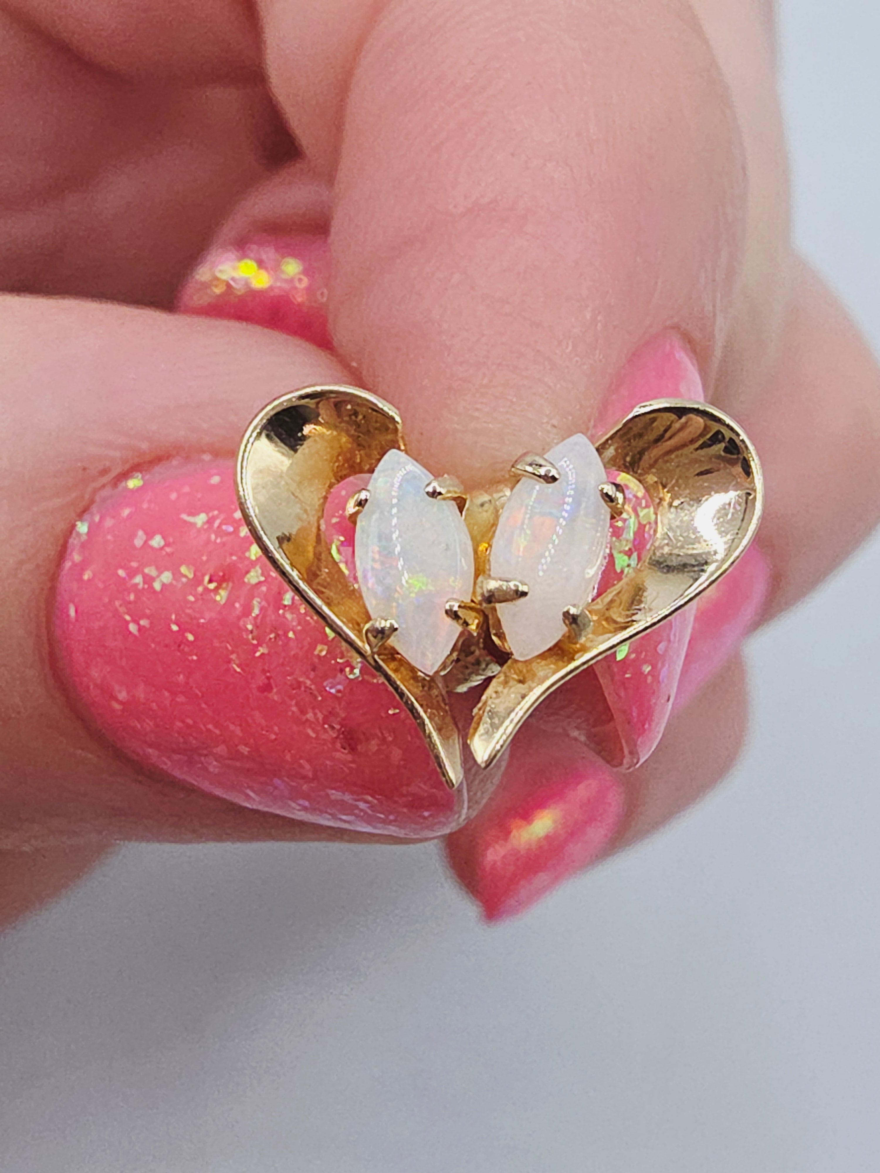 Vintage Solid 14K Yellow Gold Marquise Cut Opal Stud Earrings