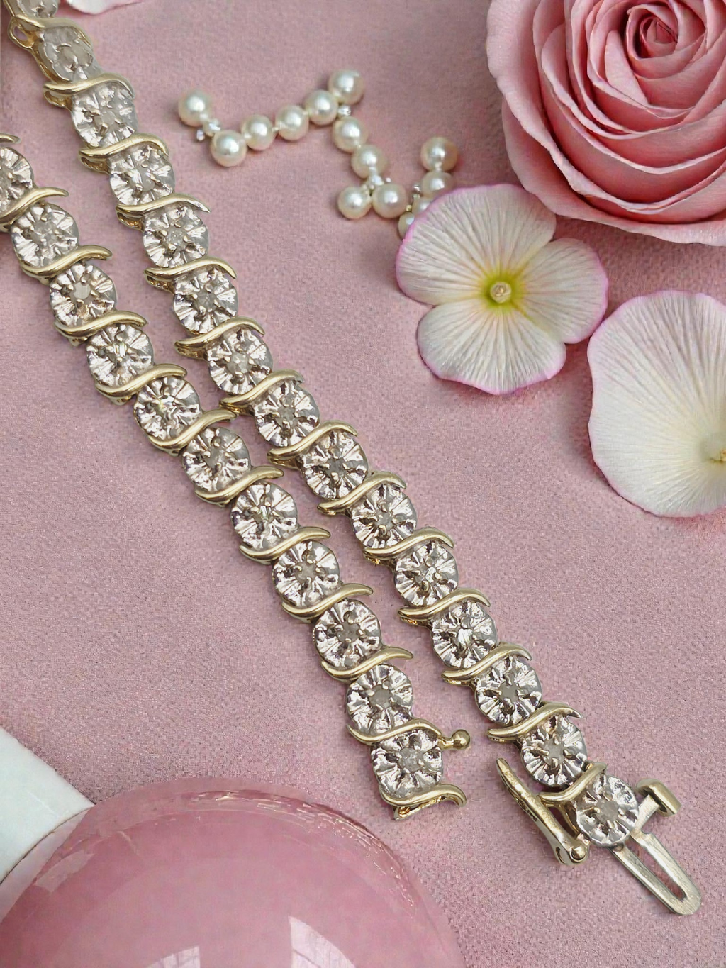 Solid 10K Yellow & White Gold Diamond Tennis Bracelet - 7 Inches