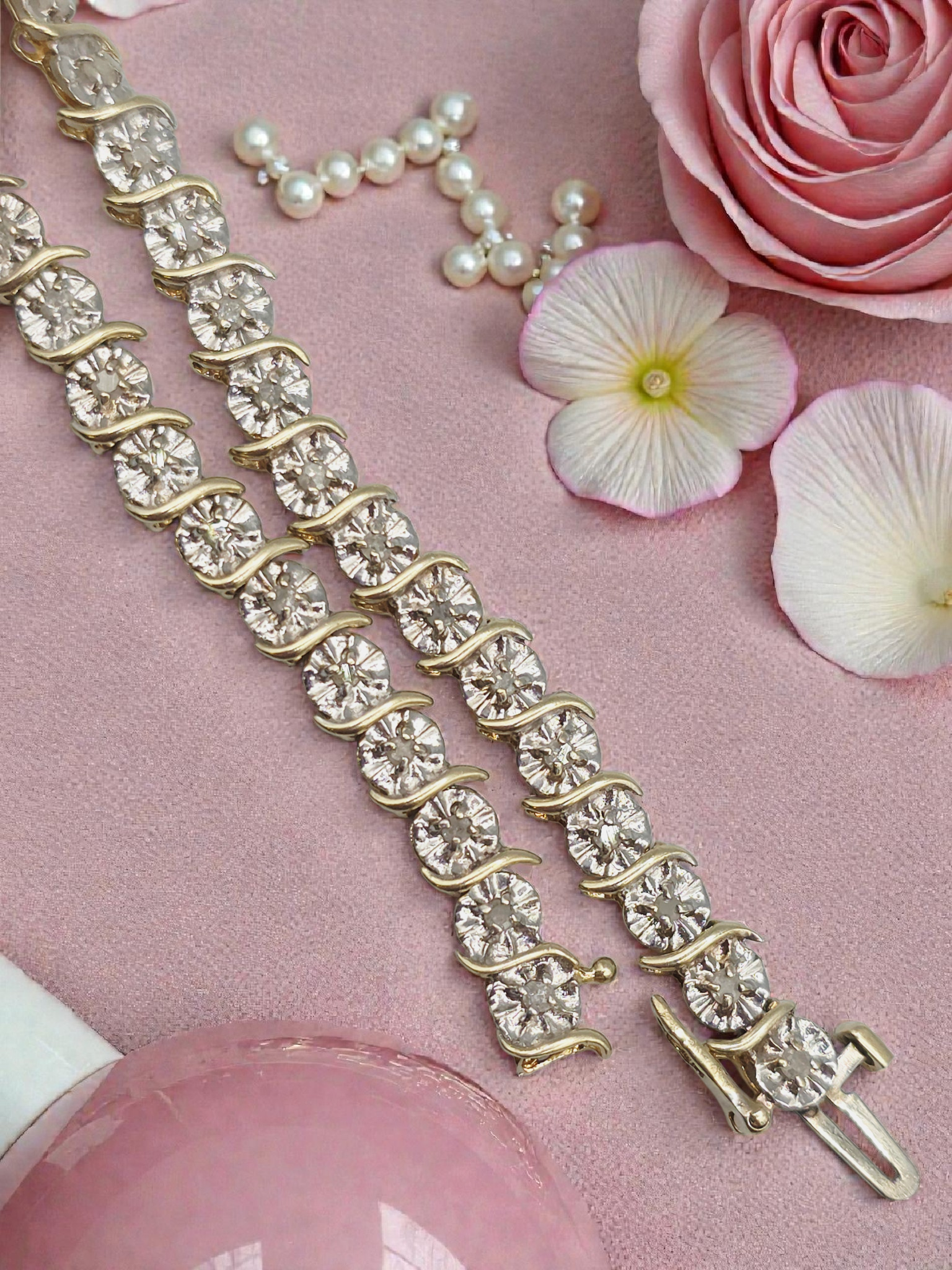 Solid 10K Yellow & White Gold Diamond Tennis Bracelet - 7 Inches