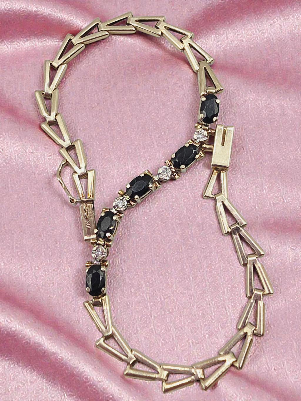 Solid 10K Yellow Gold Bracelet with Blue Sapphires and Diamonds - 7.25 Inch