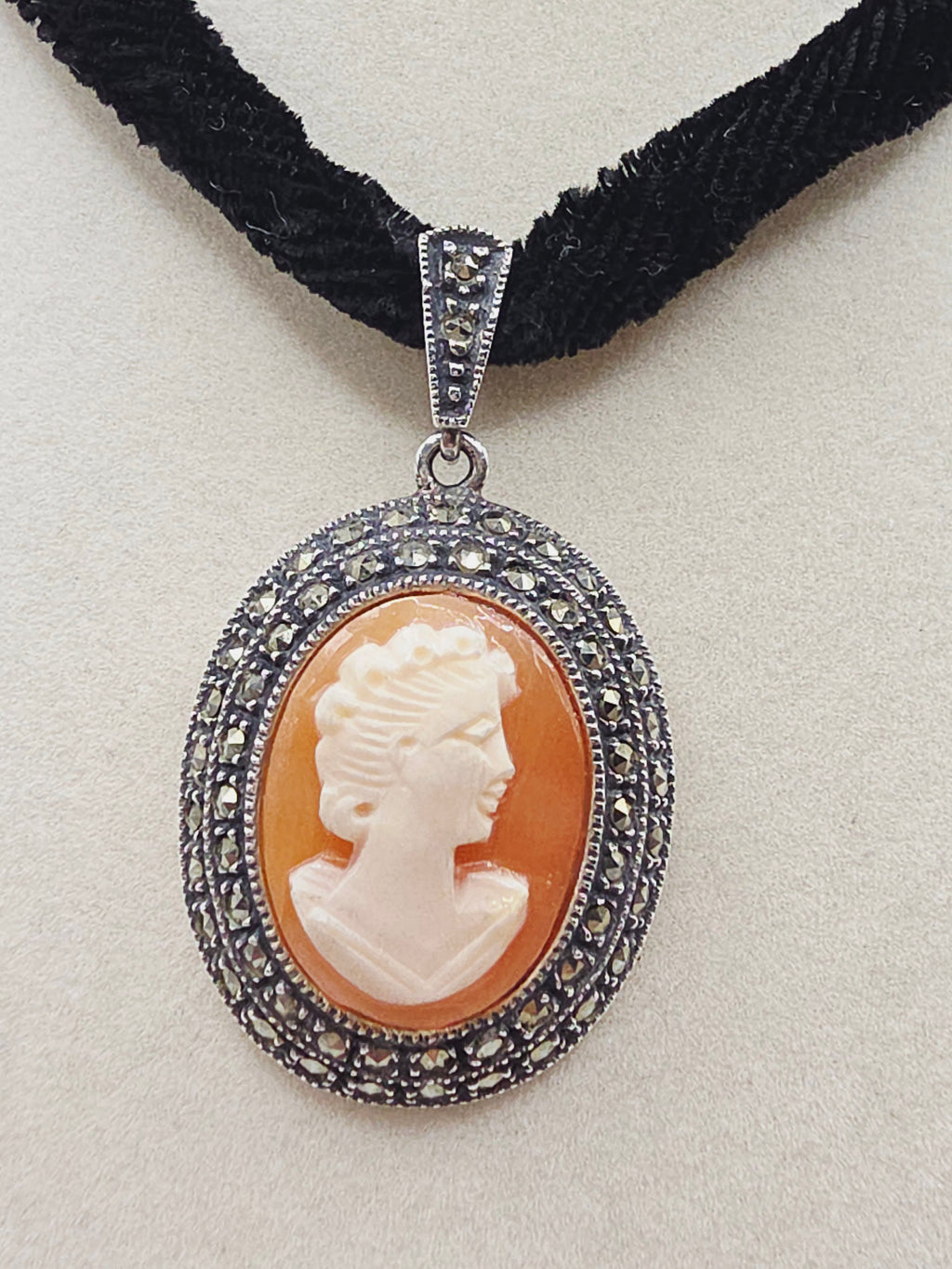 Judith Jack Sterling Silver Marcasite Cameo Pendant Velvet Necklace - Adjustable