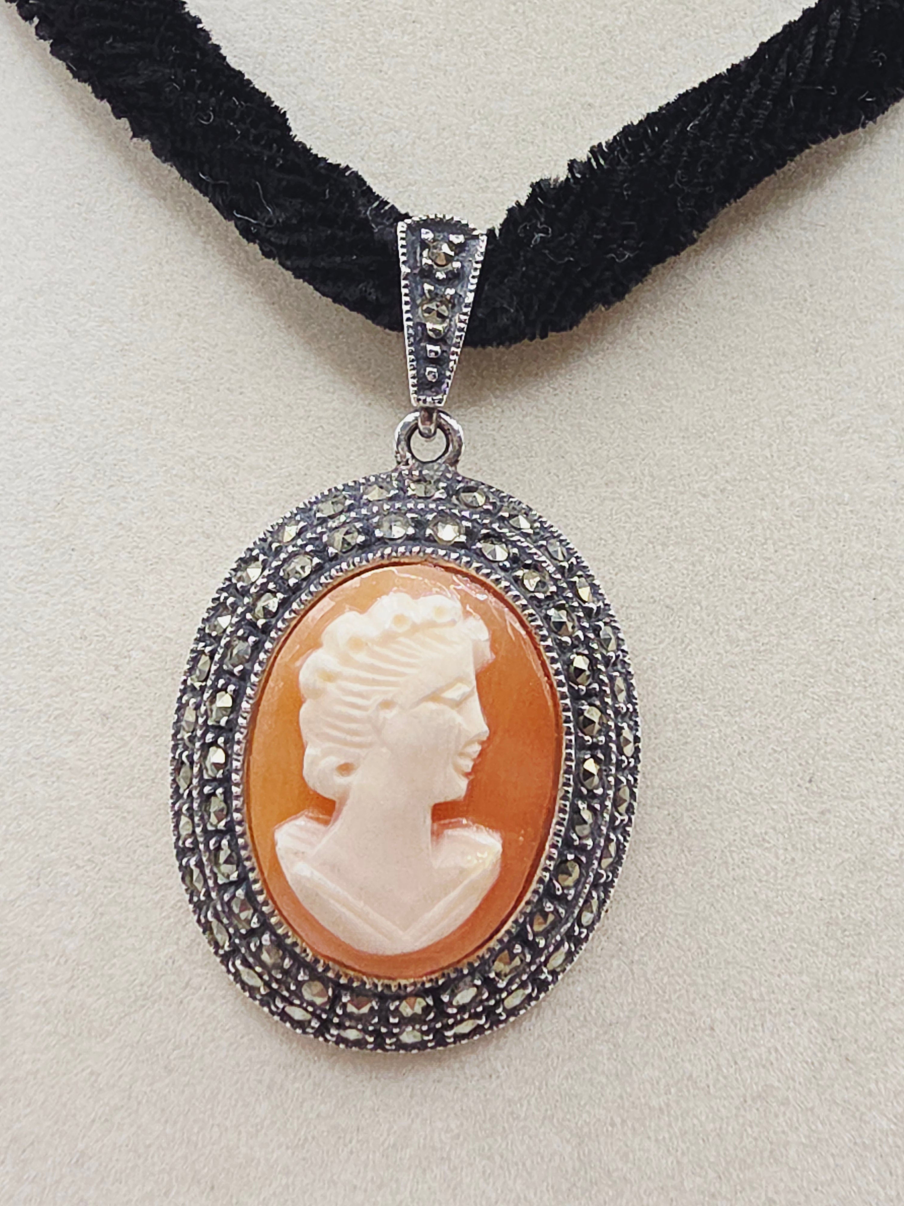 Judith Jack Sterling Silver Marcasite Cameo Pendant Velvet Necklace - Adjustable